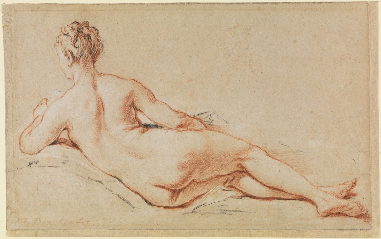 Liegender weiblicher Akt, auf den linken Arm gestützt, in Rückenansicht von François Boucher