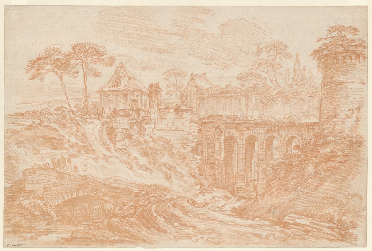 Landschaft mit Turm und Brücke von François Boucher