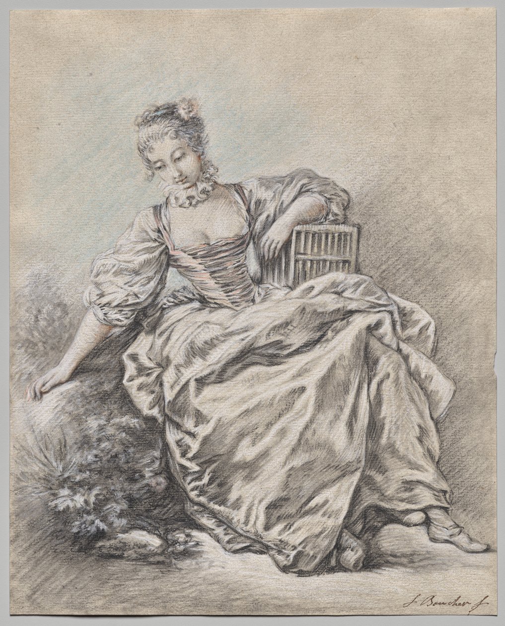 Sitzende Frau mit Vogelkäfig von François Boucher