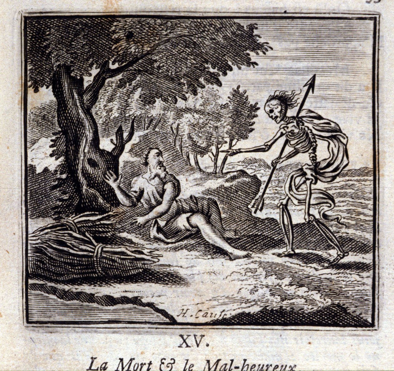 Der Tod und der Unglückliche. Fabeln von Jean de La Fontaine. Illustration von François Chauveau. Ausgabe von 1728. von Francois Chauveau