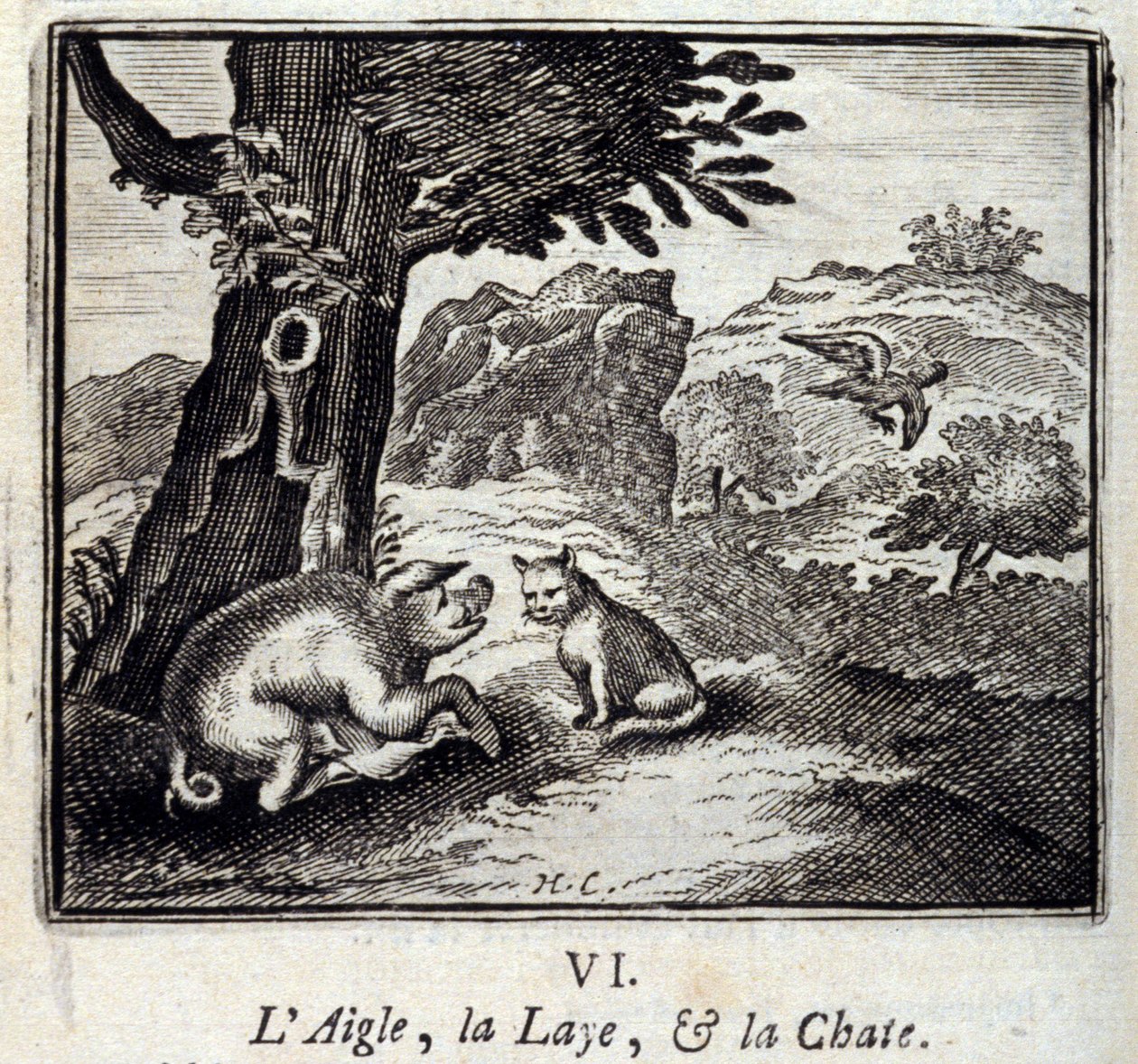 Der Adler, die Sau und die Katze. Fabeln von Jean de La Fontaine. Illustration von François Chauveau. Ausgabe von 1728. von Francois Chauveau