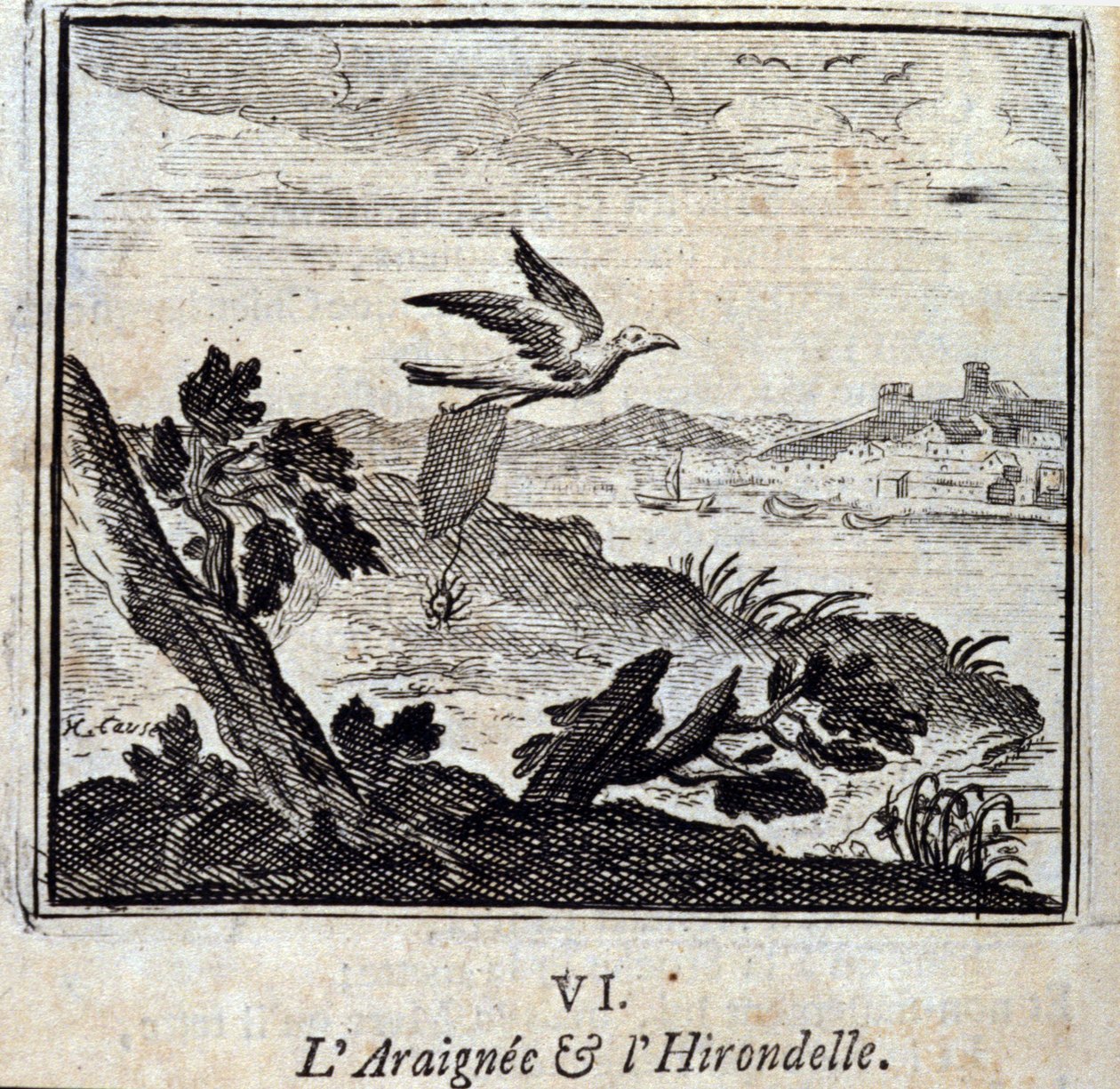 Die Spinne und die Schwalbe. Fabeln von Jean de La Fontaine. Illustration von François Chauveau. Ausgabe von 1728. von Francois Chauveau