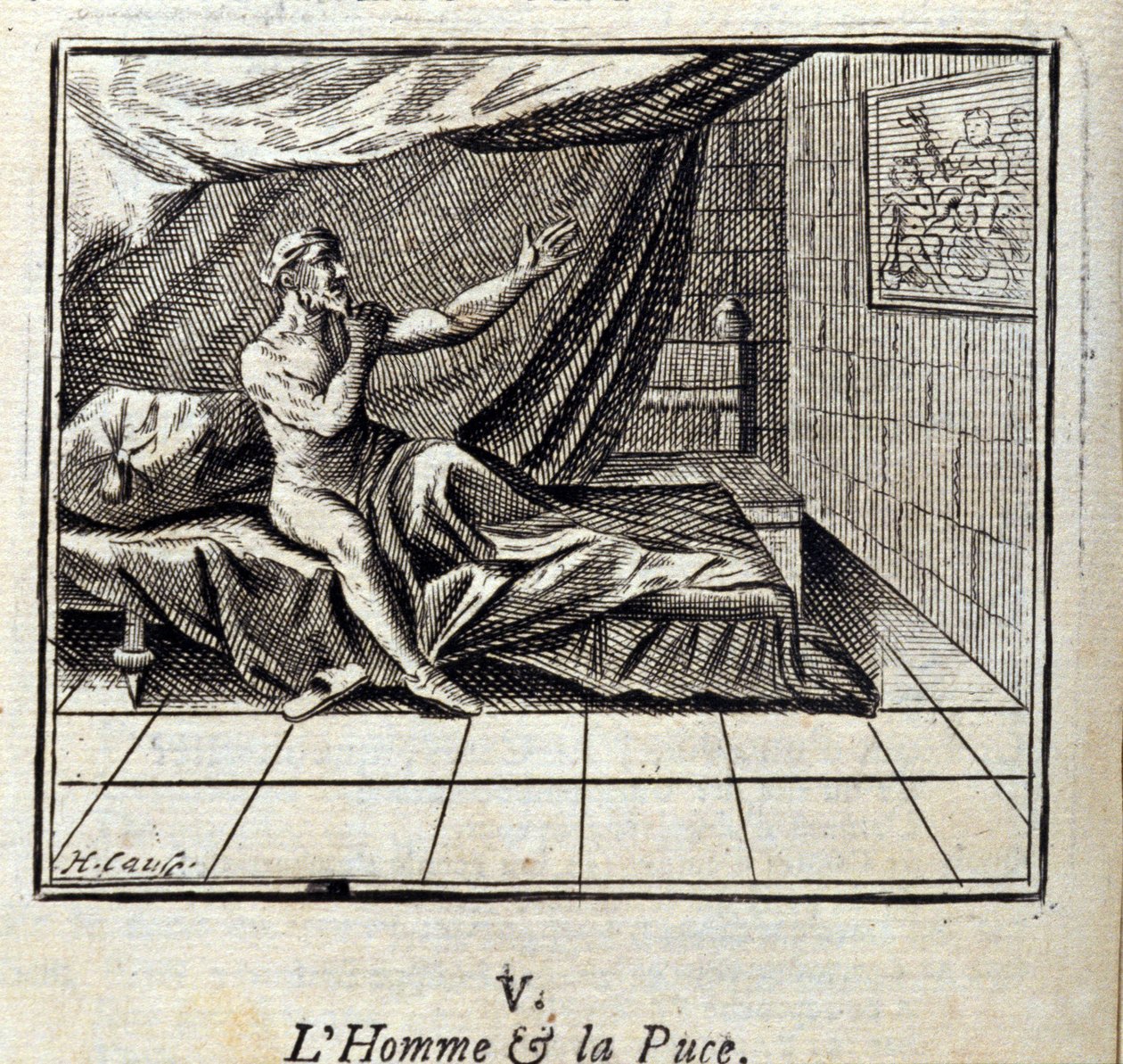 Der Mann und der Floh. Fabeln von Jean de La Fontaine. Illustration von François Chauveau. Ausgabe von 1728. von Francois Chauveau