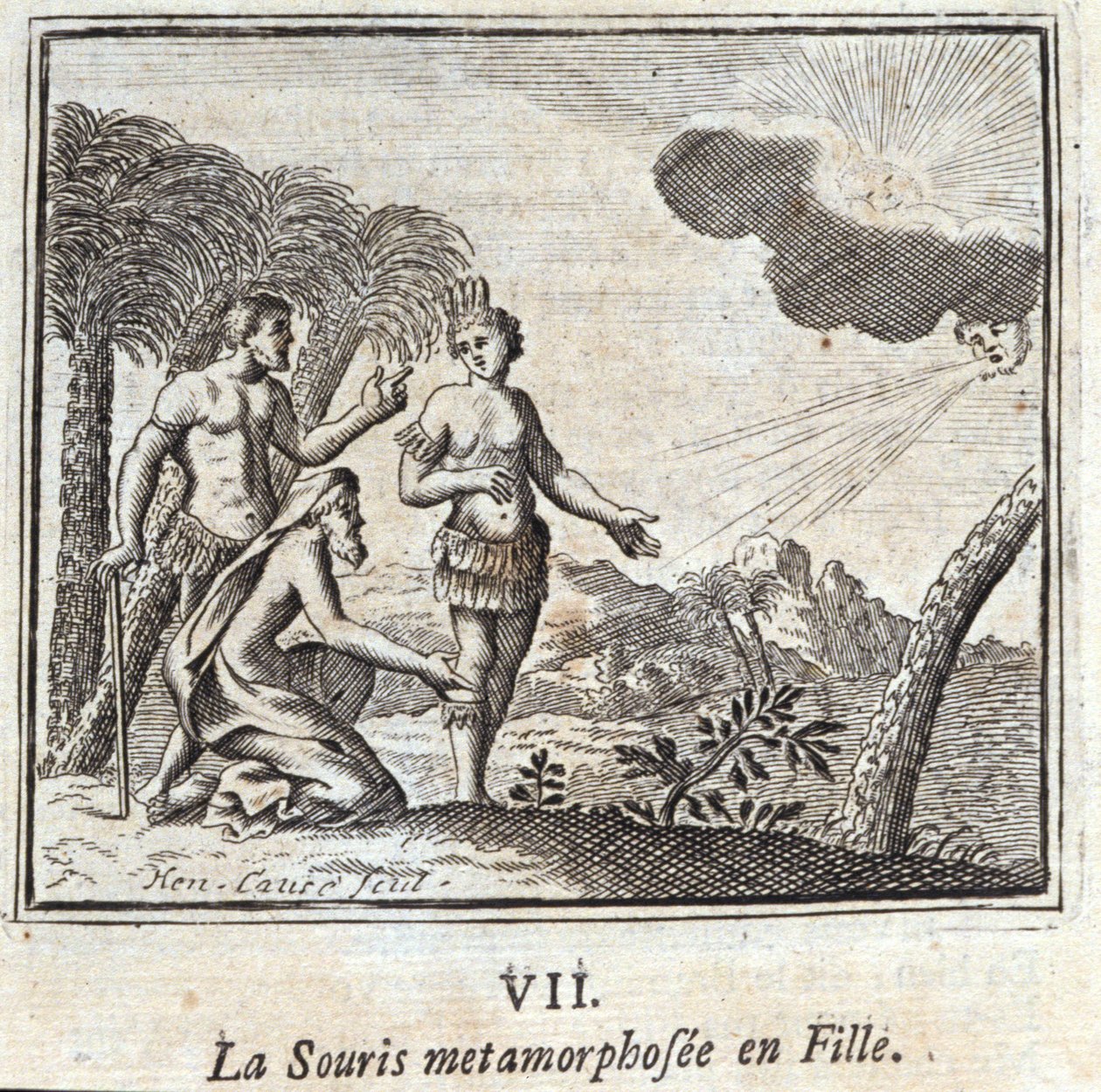 Die Maus, die in ein Mädchen verwandelt wurde. Fabeln von Jean de La Fontaine. Illustration von François Chauveau. Ausgabe von 1728. von Francois Chauveau