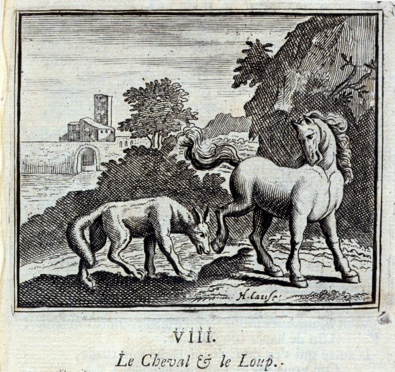 Das Pferd und der Wolf. Fabeln von Jean de La Fontaine. Illustration von François Chauveau. Ausgabe von 1728. von Francois Chauveau