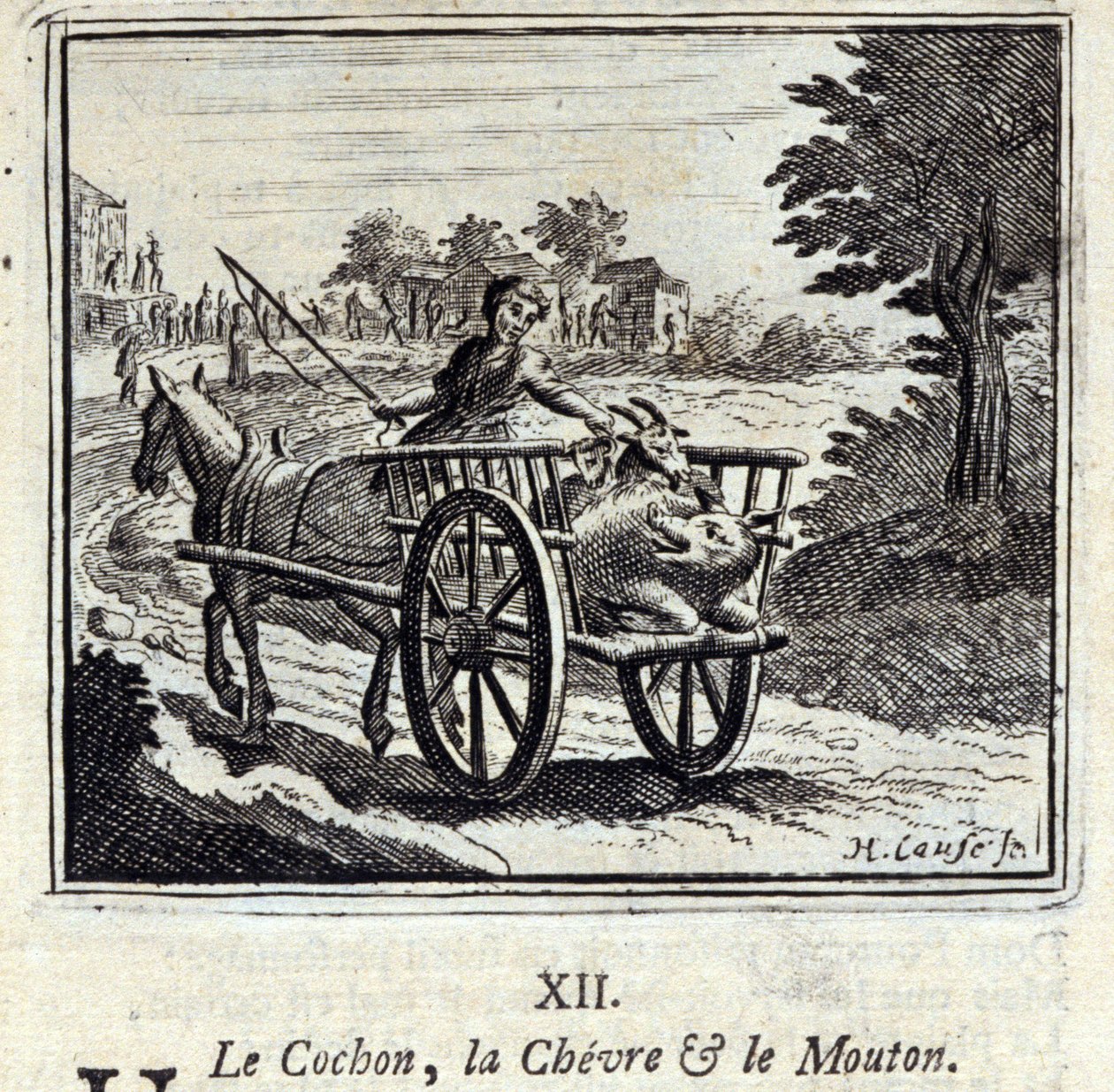 Das Schwein, die Ziege und das Schaf. Fabeln von Jean de La Fontaine. Illustration von François Chauveau. Ausgabe von 1728. von Francois Chauveau