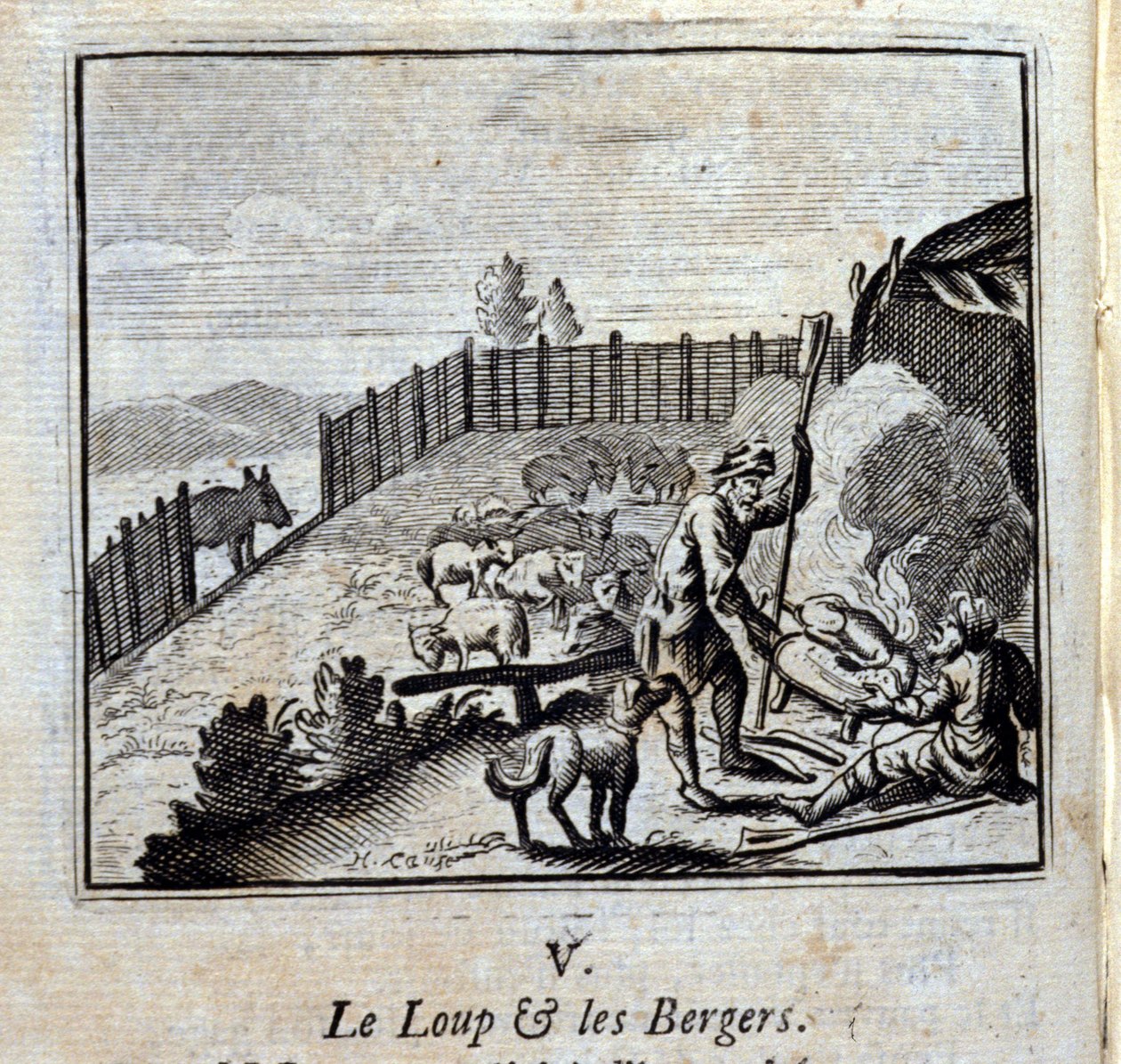 Der Wolf und die Hirten. Fabeln von Jean de La Fontaine. Illustration von François Chauveau. Ausgabe von 1728. von Francois Chauveau