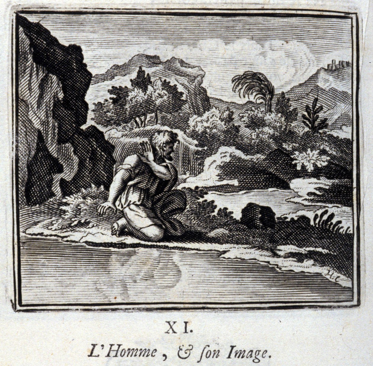 Der Mensch und sein Bild. Fabeln von Jean de La Fontaine. Illustration von François Chauveau. Ausgabe von 1728. von Francois Chauveau
