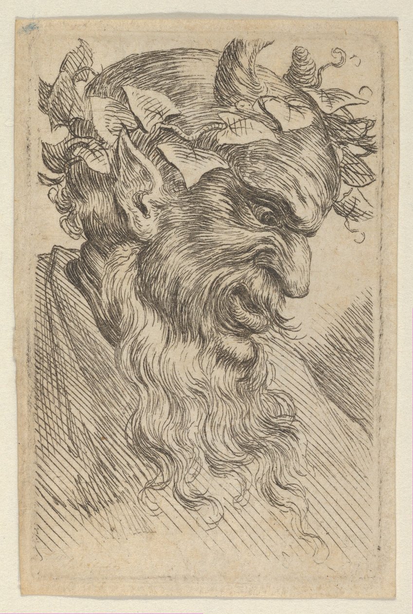 Satyrmaske mit einer Krone aus Efeu, nach rechts blickend, aus Divers Masques, ca. 1635-45 von Francois Chauveau