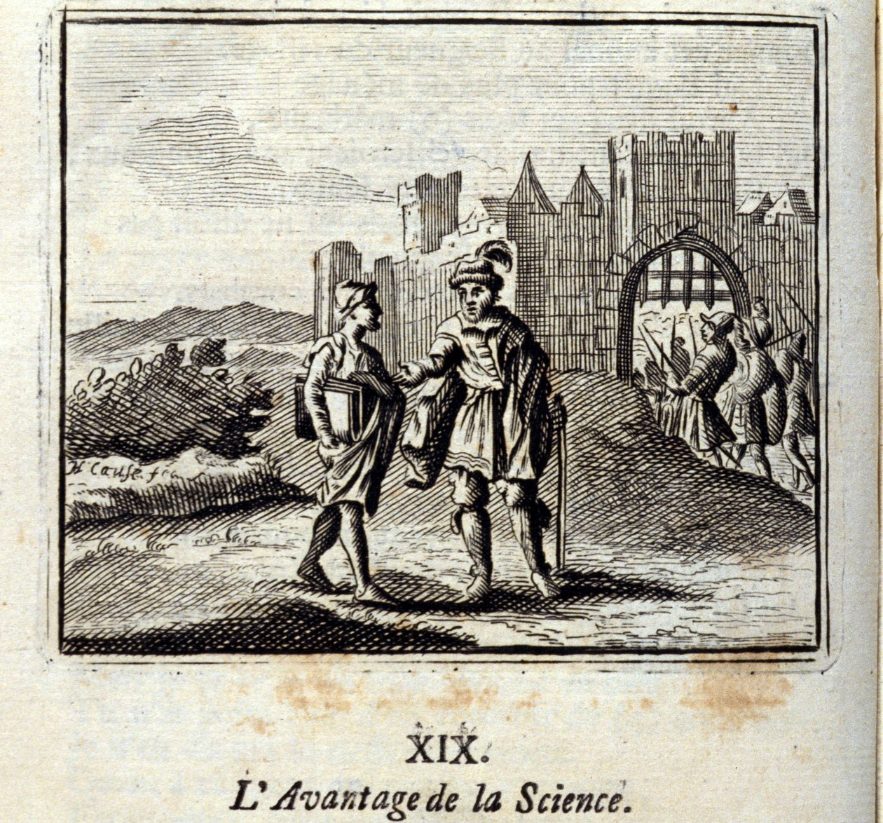 Der Vorteil der Wissenschaft. Fabeln von Jean de La Fontaine. Illustration von François Chauveau. Ausgabe von 1728. von Francois Chauveau
