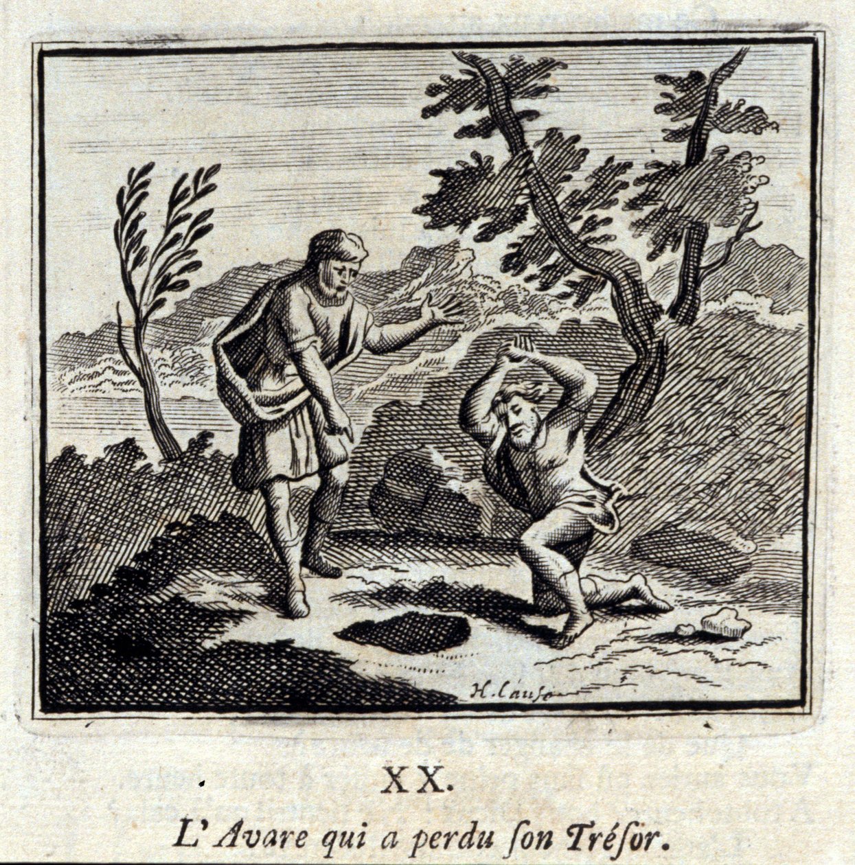 Der Geizige, der seinen Schatz verlor. Fabeln von Jean de La Fontaine. Illustration von François Chauveau. Ausgabe von 1728. von Francois Chauveau
