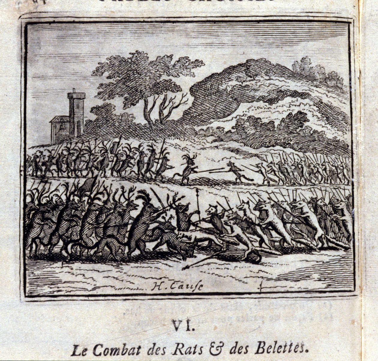 Die Schlacht der Ratten und Wiesel. Fabeln von Jean de La Fontaine. Illustration von François Chauveau. Ausgabe von 1728. von Francois Chauveau