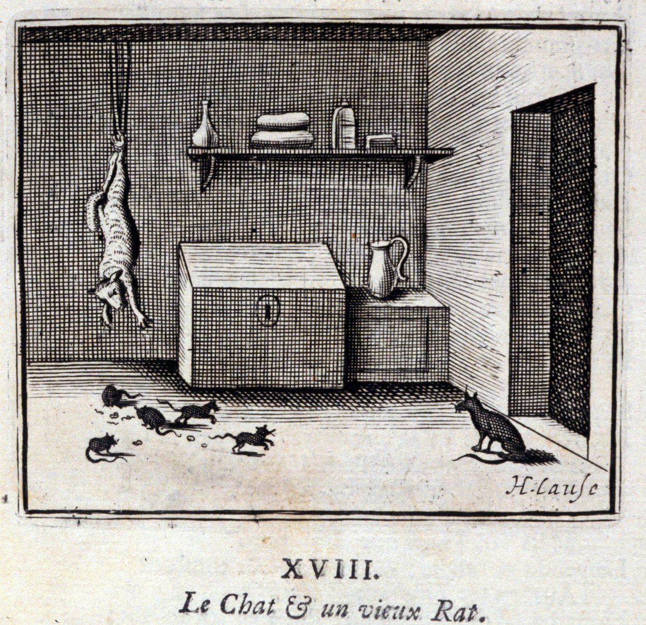 Die Katze und eine alte Ratte. Fabeln von Jean de La Fontaine. Illustration von François Chauveau. Ausgabe von 1728. von Francois Chauveau