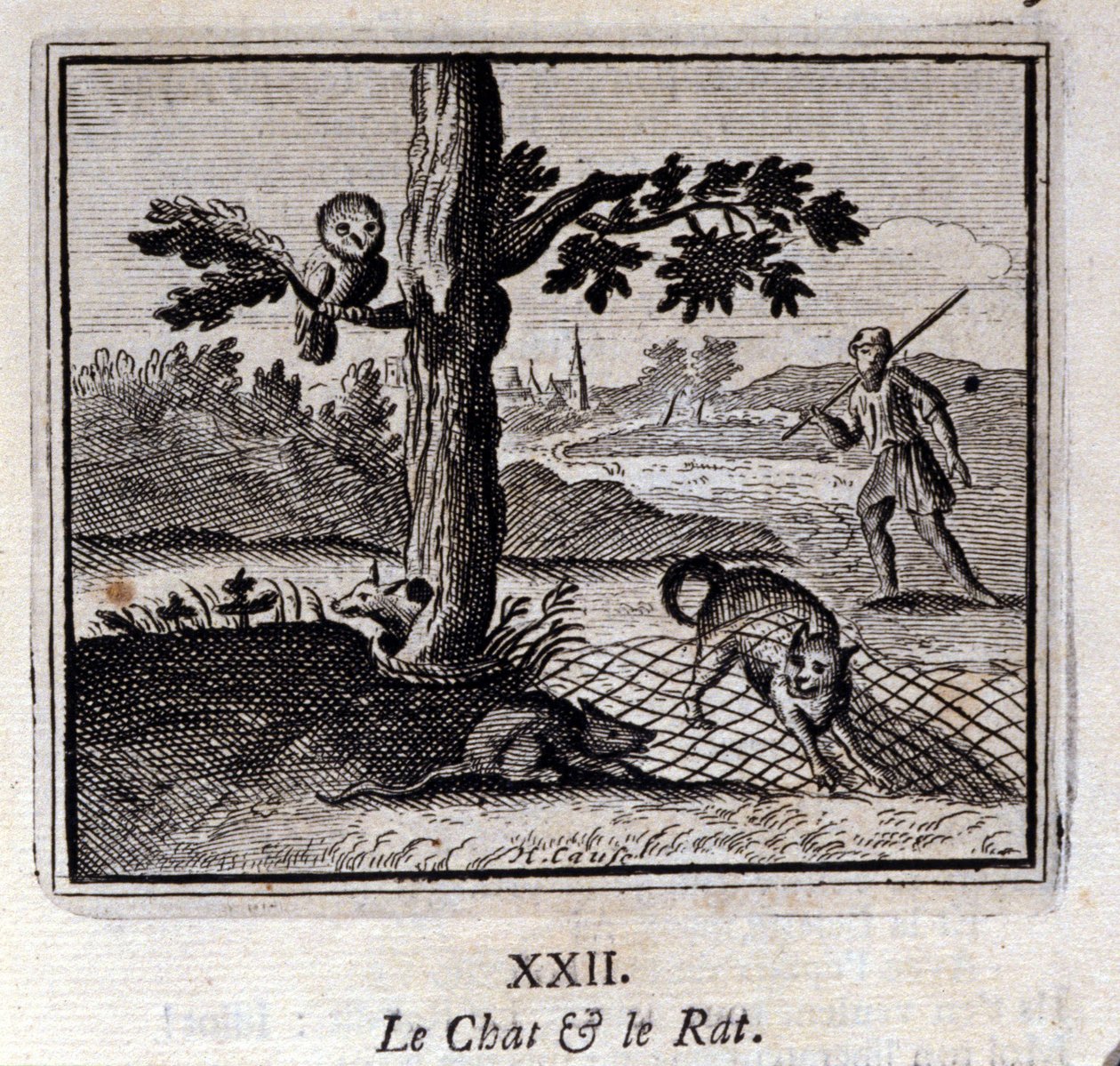 Die Katze und die Ratte. Fabeln von Jean de La Fontaine. Illustration von François Chauveau. Ausgabe von 1728. von Francois Chauveau