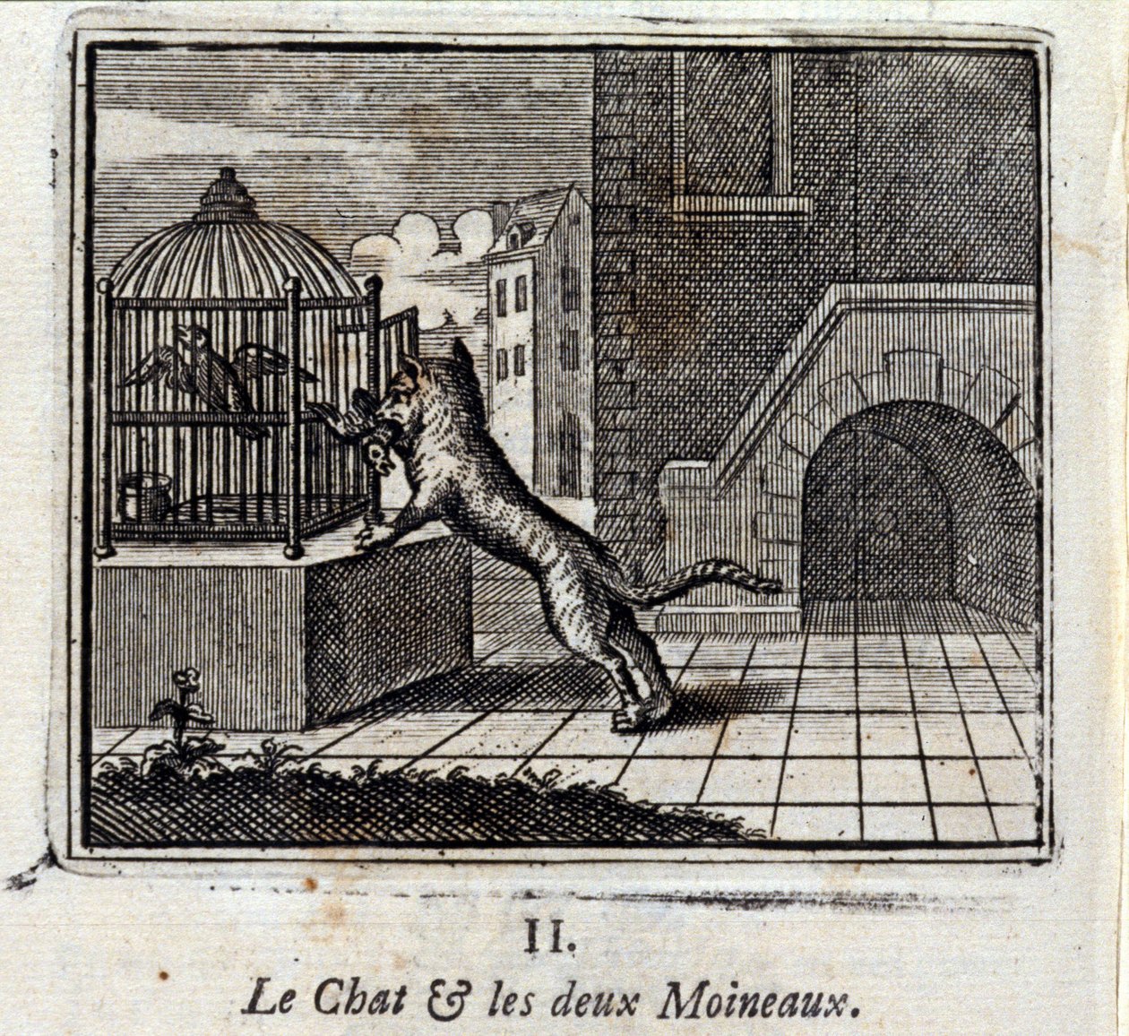 Die Katze und die zwei Spatzen. Fabeln von Jean de La Fontaine. Illustration von François Chauveau. Ausgabe von 1728. von Francois Chauveau