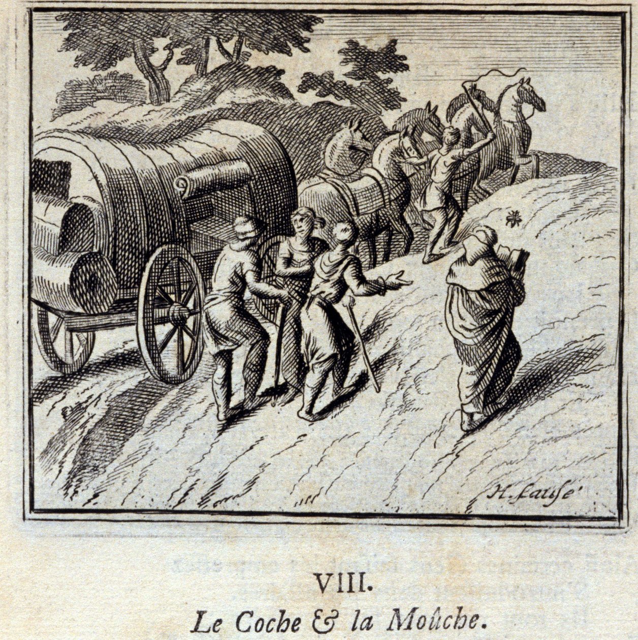Der Karren und die Fliege. Fabeln von Jean de La Fontaine. Illustration von François Chauveau. Ausgabe von 1728 von Francois Chauveau