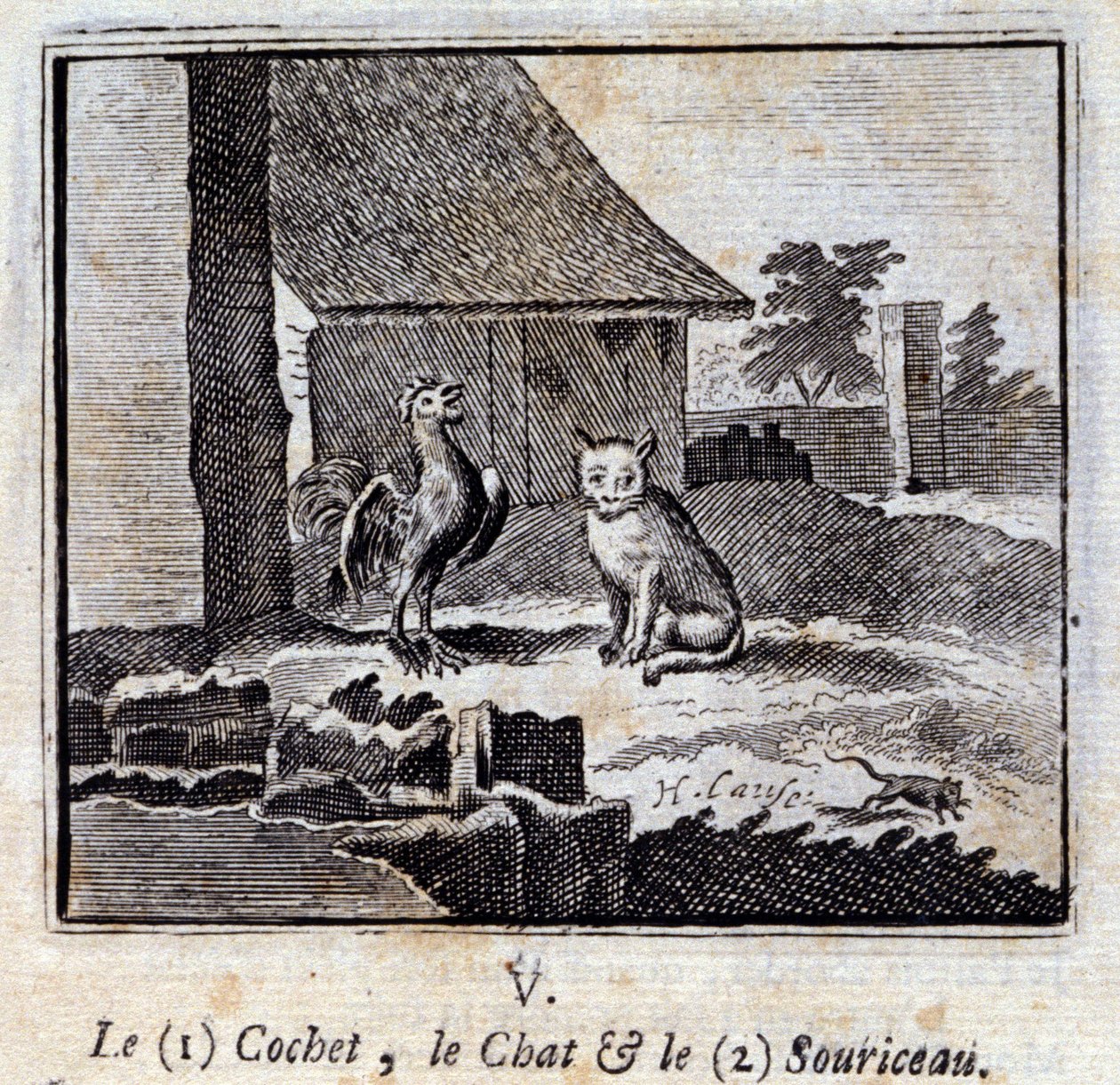 Der Hahn, die Katze und die Maus. Fabeln von Jean de La Fontaine (1621-95). Illustration von François Chauveau (1613-1676). Ausgabe von 1728 von Francois Chauveau