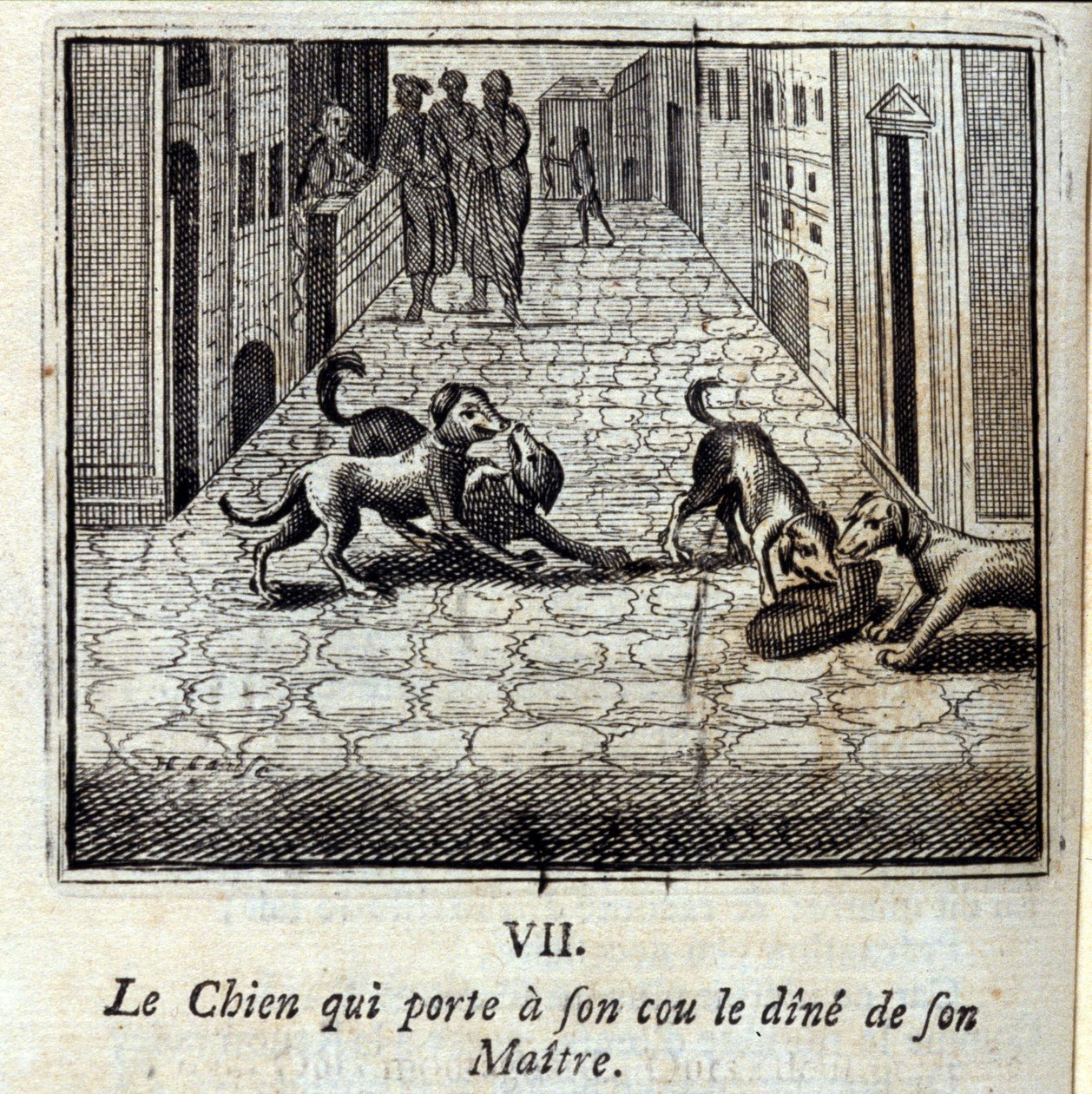 Der Hund, der das Geld seines Herrn am Hals trägt. Fabeln von Jean de La Fontaine. Illustration von François Chauveau. Ausgabe von 1728. von Francois Chauveau