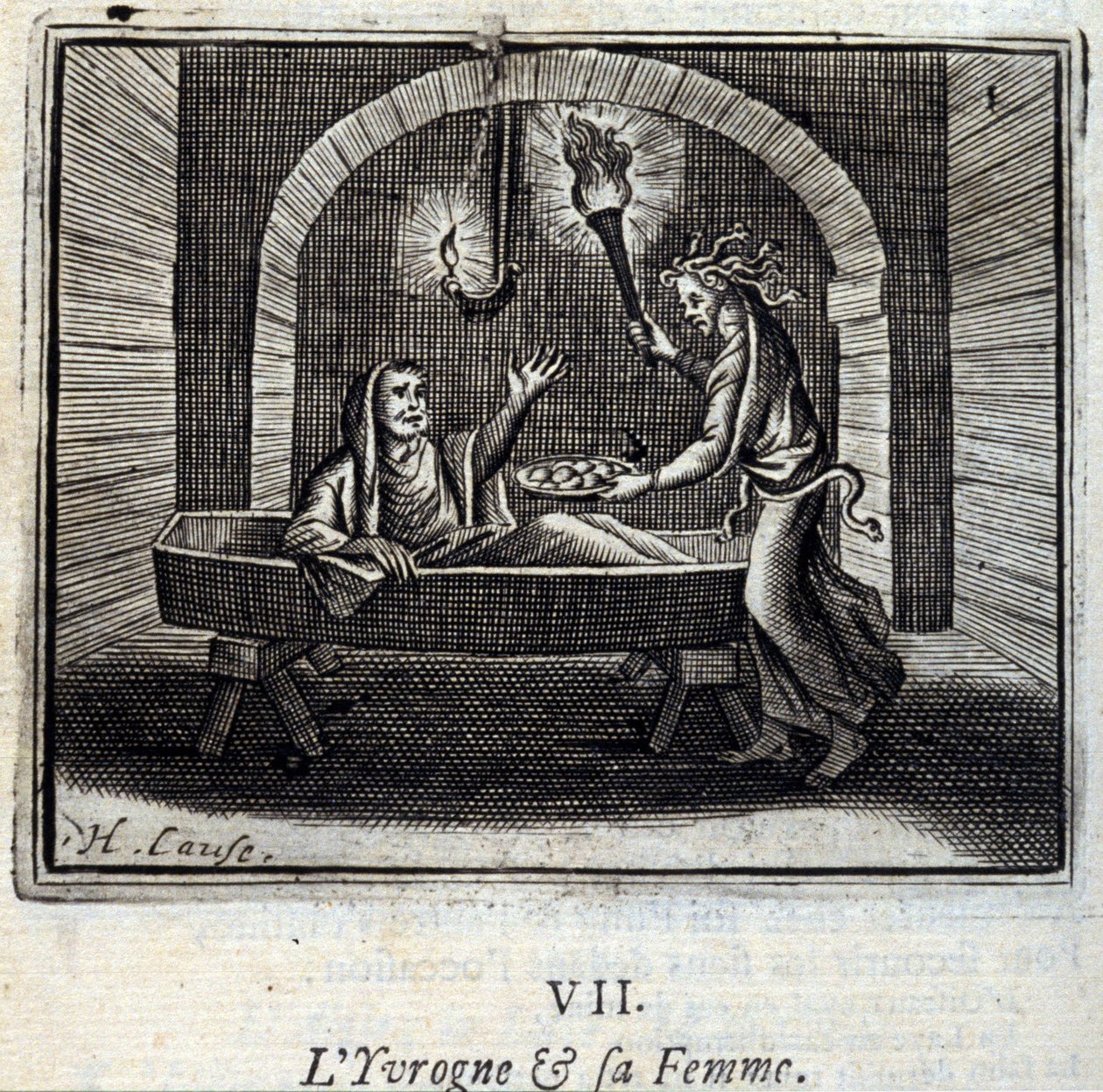 Der Betrunkene und seine Frau. Fabeln von Jean de La Fontaine (1621-95). Illustration von François Chauveau (1613-1676). Ausgabe von 1728. von Francois Chauveau
