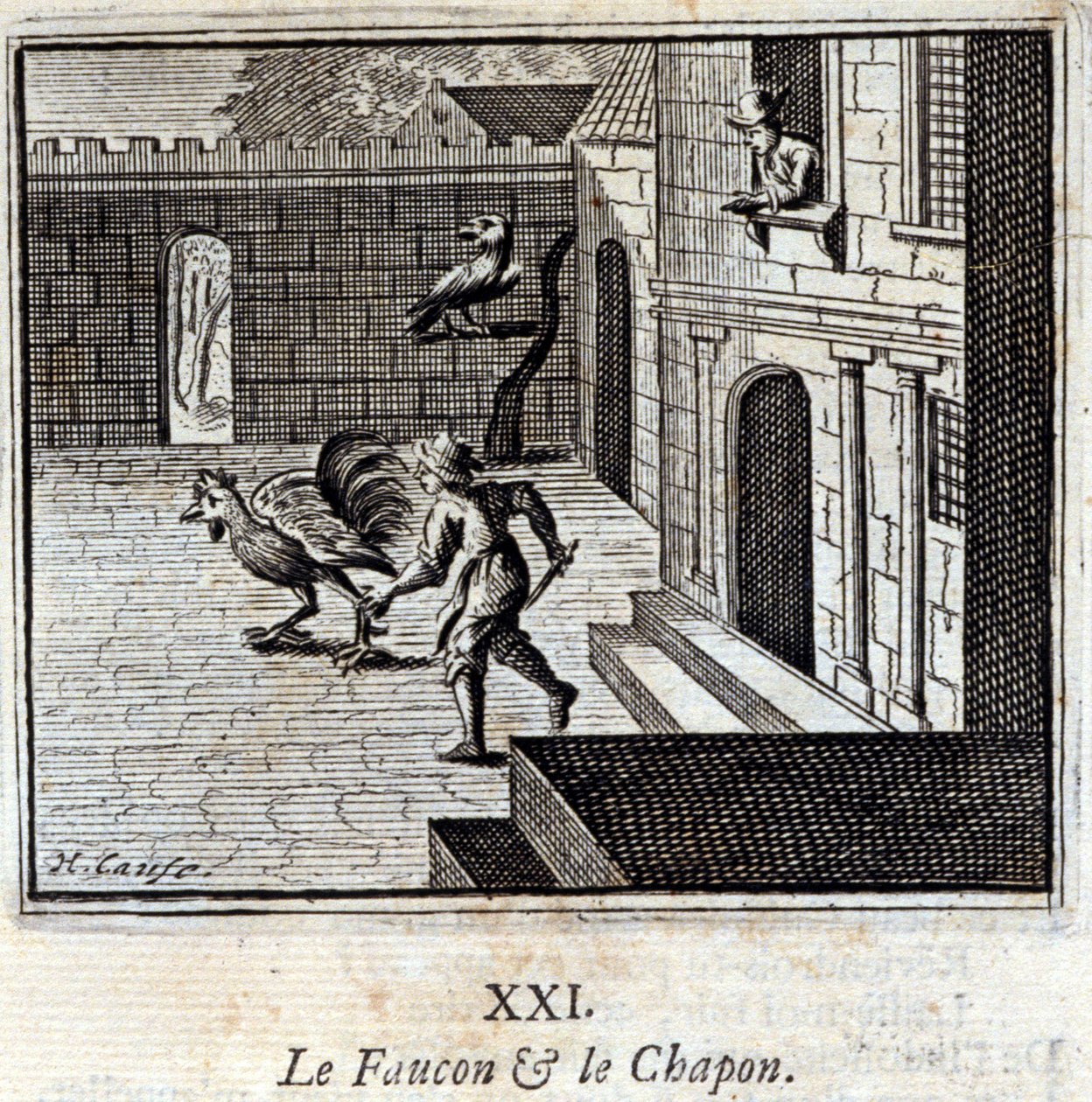 Der Falke und der Kapaun. Fabeln von Jean de La Fontaine. Illustration von François Chauveau. Ausgabe von 1728. von Francois Chauveau