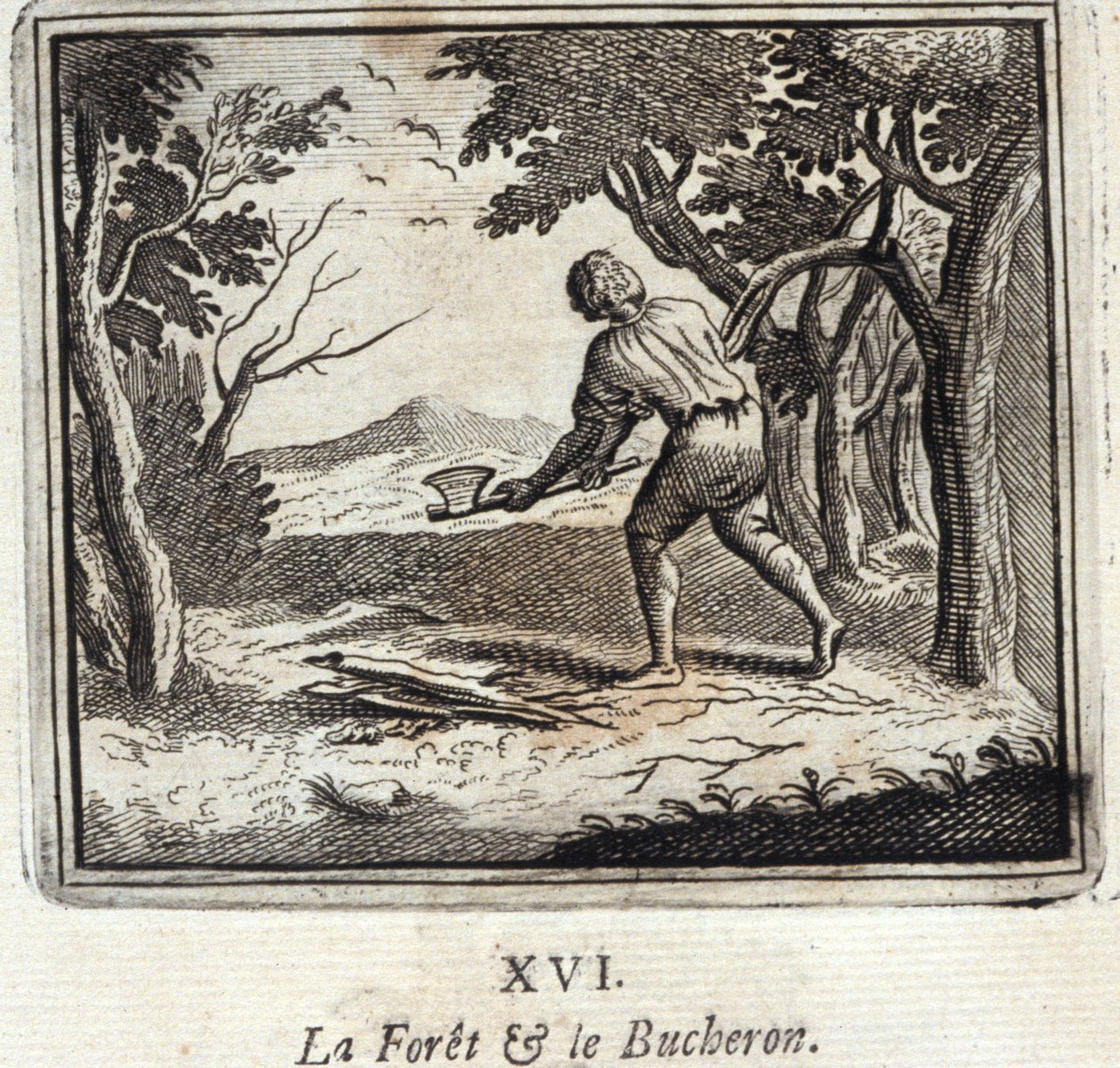 Der Wald und der Holzfäller. Fabeln von Jean de La Fontaine (1621-95). Illustration von François Chauveau (1613-1676). Ausgabe von 1728 von Francois Chauveau