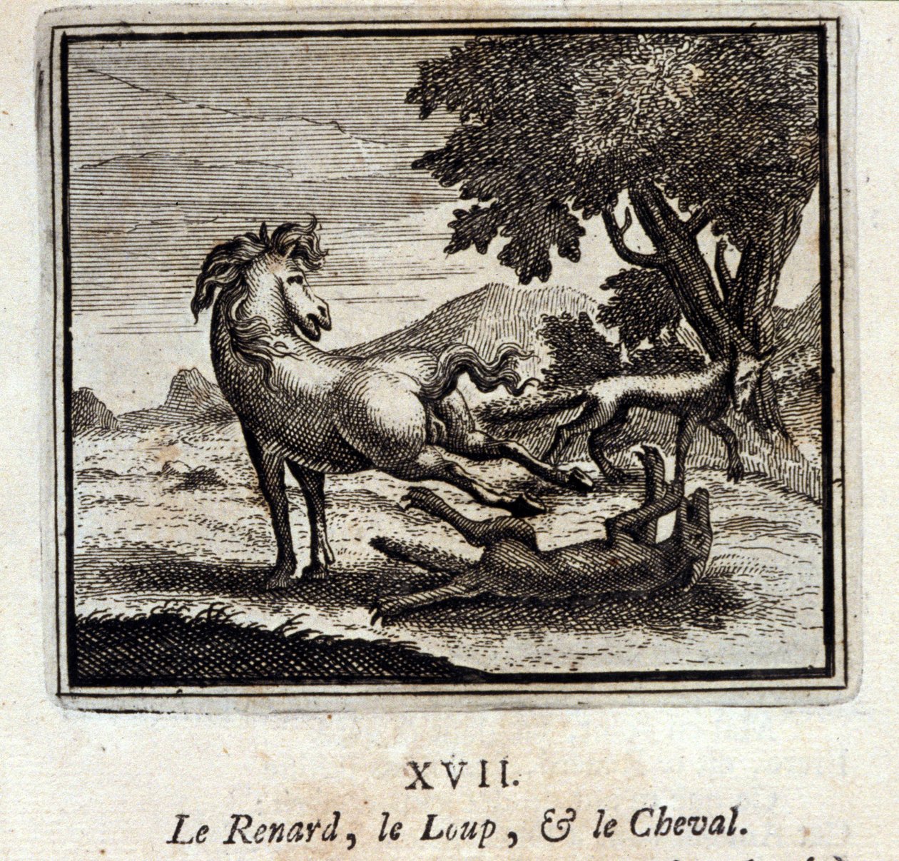 Der Fuchs, der Wolf und das Pferd. Fabeln von Jean de La Fontaine. Illustration von François Chauveau. Ausgabe von 1728. von Francois Chauveau