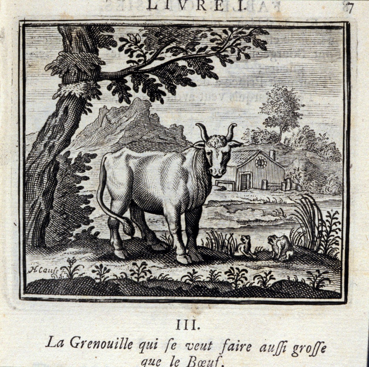 Der Frosch, der so groß wie der Ochse werden wollte. Fabeln von Jean de La Fontaine. Illustration von François Chauveau. Ausgabe von 1728. von Francois Chauveau