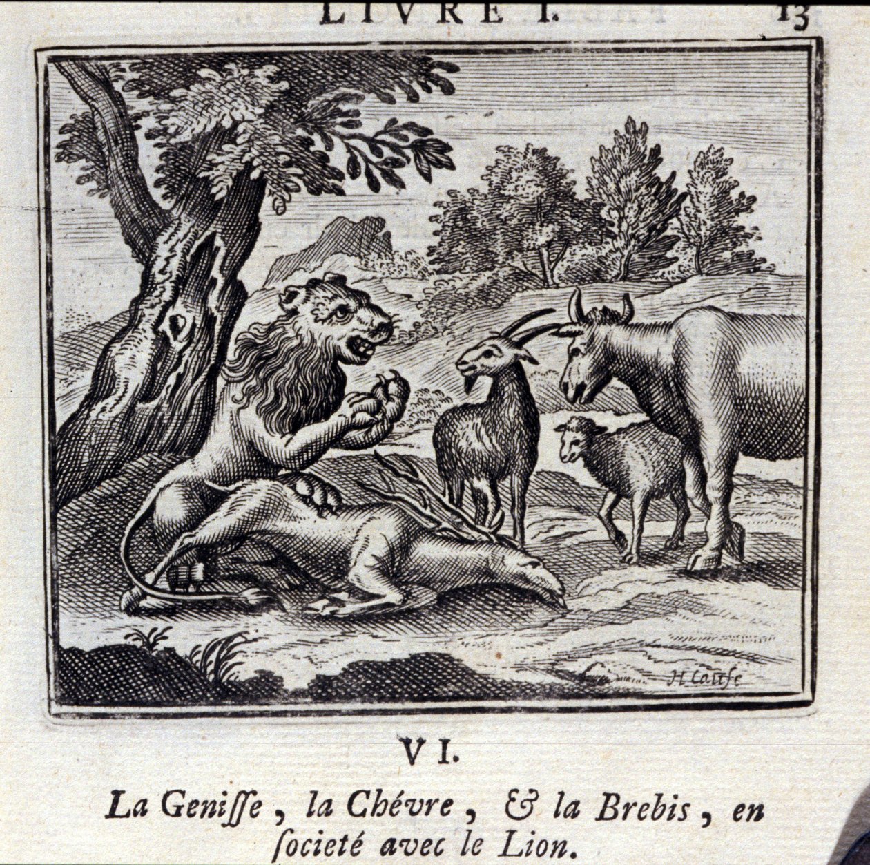 Die Kuh, das Kalb und das Schaf in Gesellschaft mit dem Löwen. Fabeln von Jean de La Fontaine. Illustration von François Chauveau. Ausgabe von 1728. von Francois Chauveau