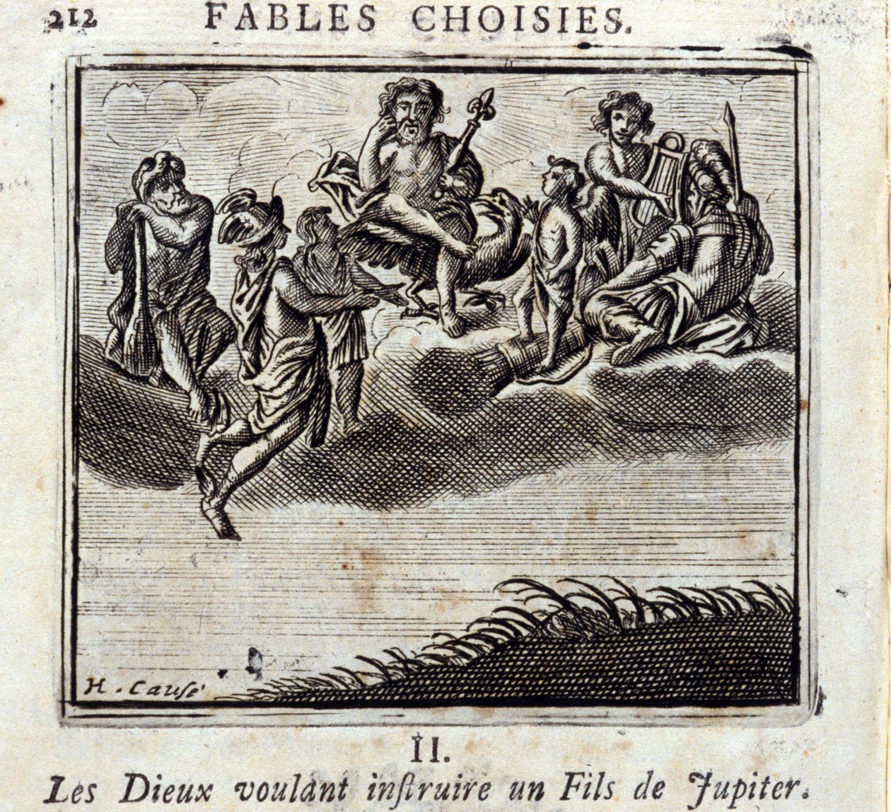 Die Götter wollen einen Sohn des Jupiter lehren. Fabeln von Jean de La Fontaine. Illustration von François Chauveau. Ausgabe von 1728. von Francois Chauveau