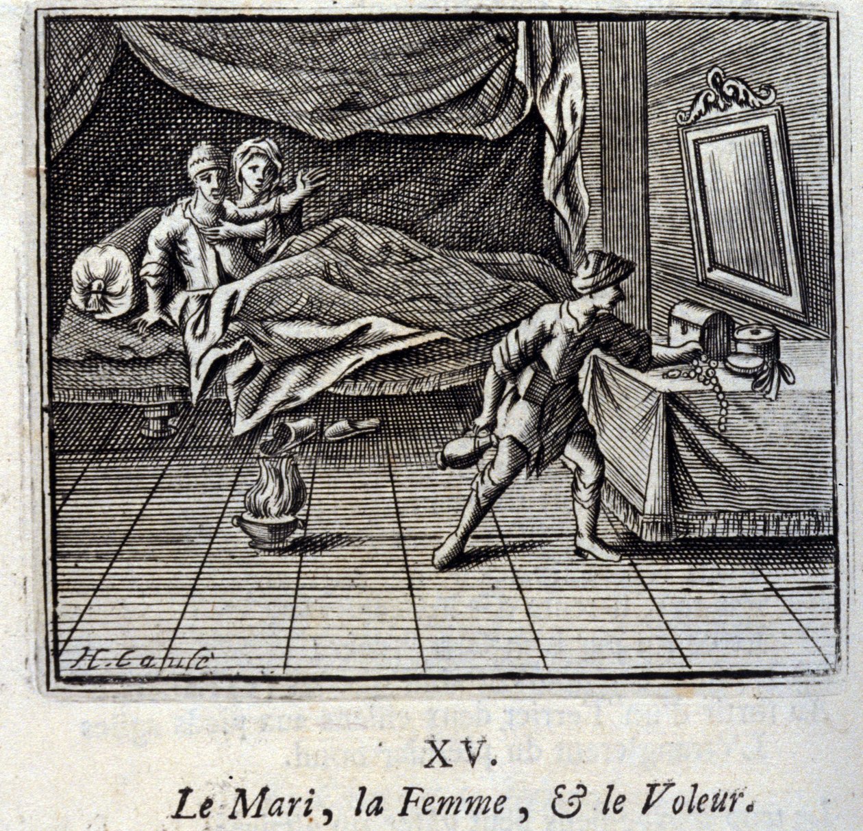 Der Ehemann, die Frau und der Dieb. Fabeln von Jean de La Fontaine. Illustration von François Chauveau. Ausgabe von 1728. von Francois Chauveau