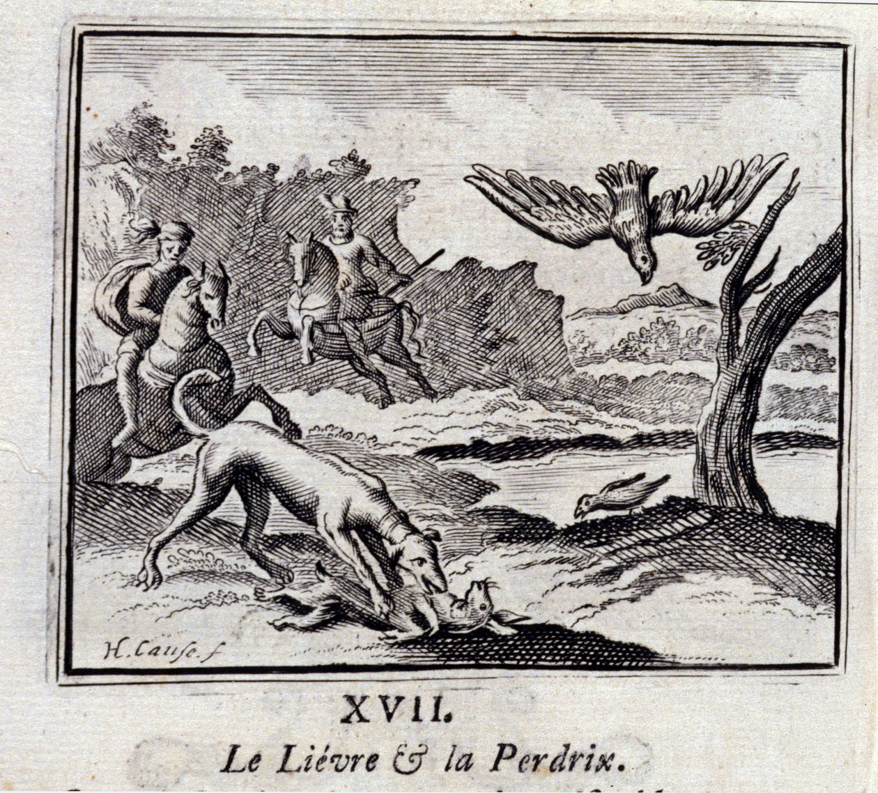 Der Hase und das Rebhuhn. Fabeln von Jean de La Fontaine (1621-95). Illustration von François Chauveau (1613-1676). Ausgabe von 1728. von Francois Chauveau