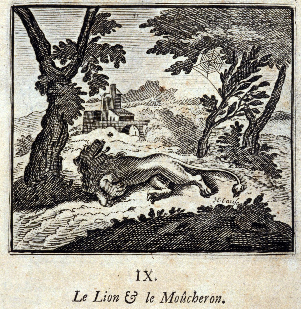 Der Löwe und der Fliegenfänger. Fabeln von Jean de La Fontaine. Illustration von François Chauveau. Ausgabe von 1728. von Francois Chauveau