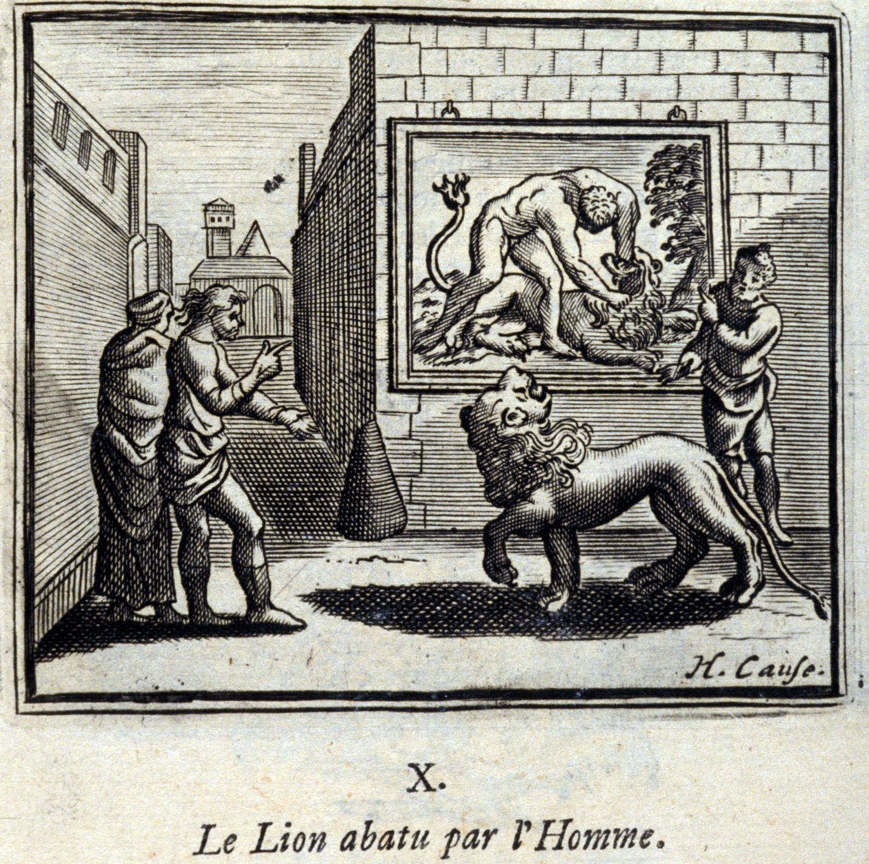 Der von einem Mann erschossene Löwe. Fabeln von Jean de La Fontaine (1621-95). Illustration von François Chauveau (1613-1676). Ausgabe von 1728. von Francois Chauveau