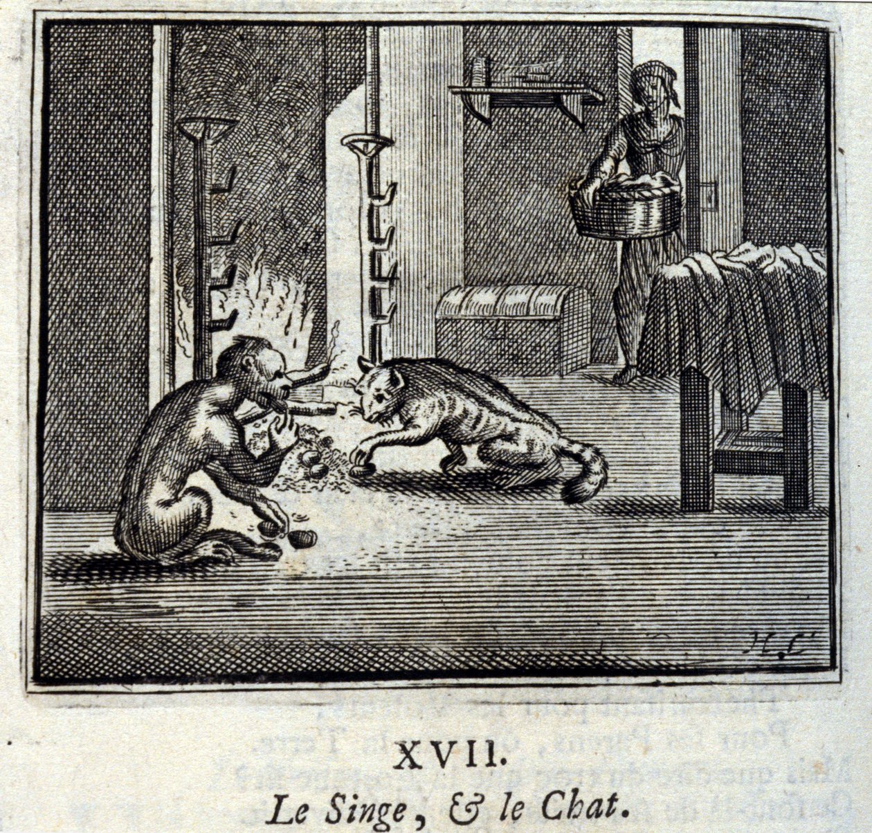 Der Affe und die Katze. Fabeln von Jean de La Fontaine. Illustration von François Chauveau. Ausgabe von 1728. von Francois Chauveau