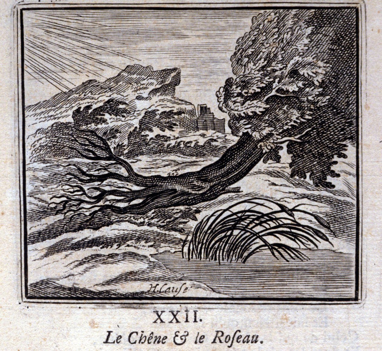 Die Eiche und das Schilfrohr. Fabeln von Jean de La Fontaine. Illustration von François Chauveau. Ausgabe von 1728. von Francois Chauveau