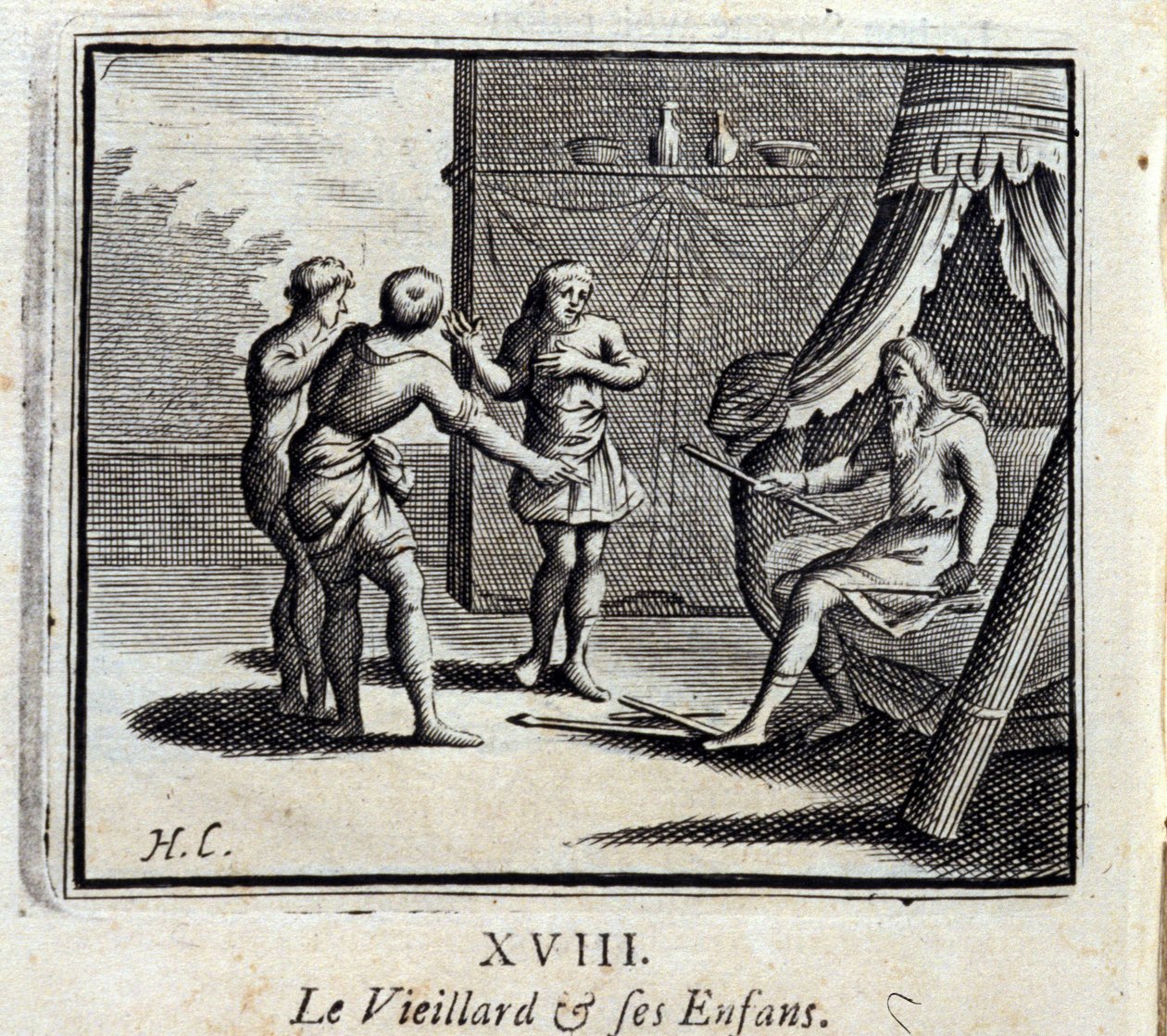 Der alte Mann und seine Kinder. Fabeln von Jean de La Fontaine. Illustration von François Chauveau. Ausgabe von 1728. von Francois Chauveau