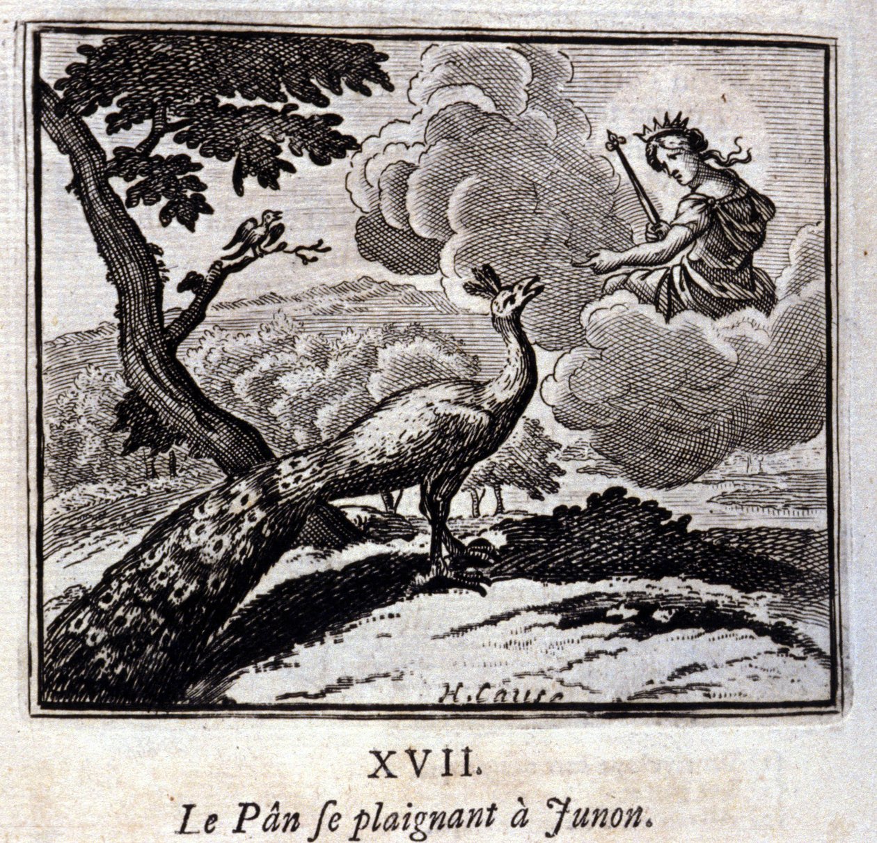 Der Pfau, der sich bei Juno beschwert. Fabeln von Jean de La Fontaine. Illustration von François Chauveau. Ausgabe von 1728. von Francois Chauveau