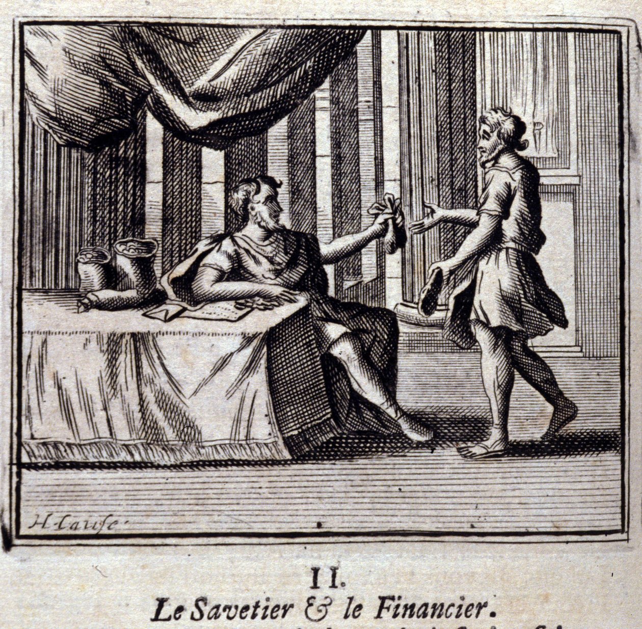 Der Schuster und der Finder. Fabeln von Jean de La Fontaine. Illustration von François Chauveau. Ausgabe von 1728. von Francois Chauveau