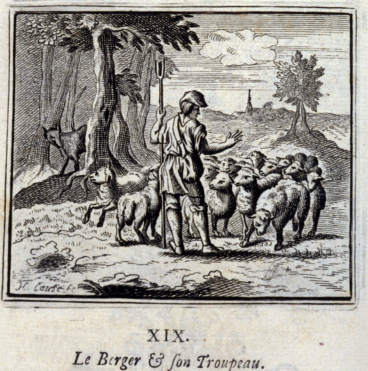 Der Hirte und seine Herde. Fabeln von Jean de La Fontaine. Illustration von François Chauveau. Ausgabe von 1728. von Francois Chauveau