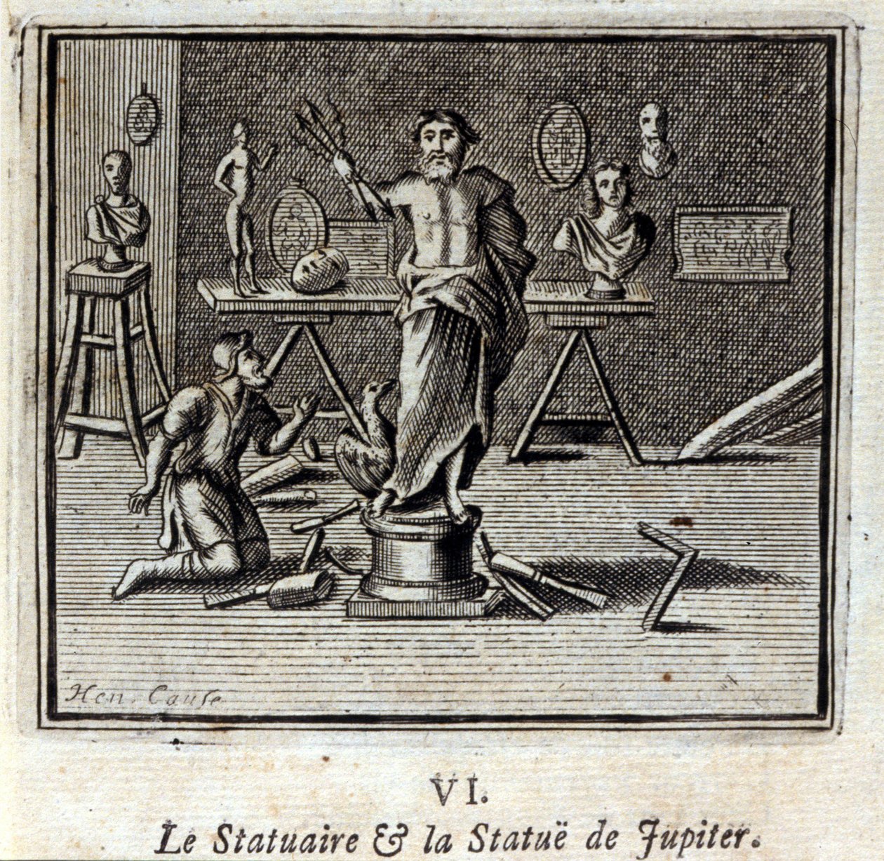 Der Bildhauer und die Statue des Jupiter. Fabeln von Jean de La Fontaine (1621-95). Illustration von François Chauveau (1613-1676). Ausgabe von 1728 von Francois Chauveau