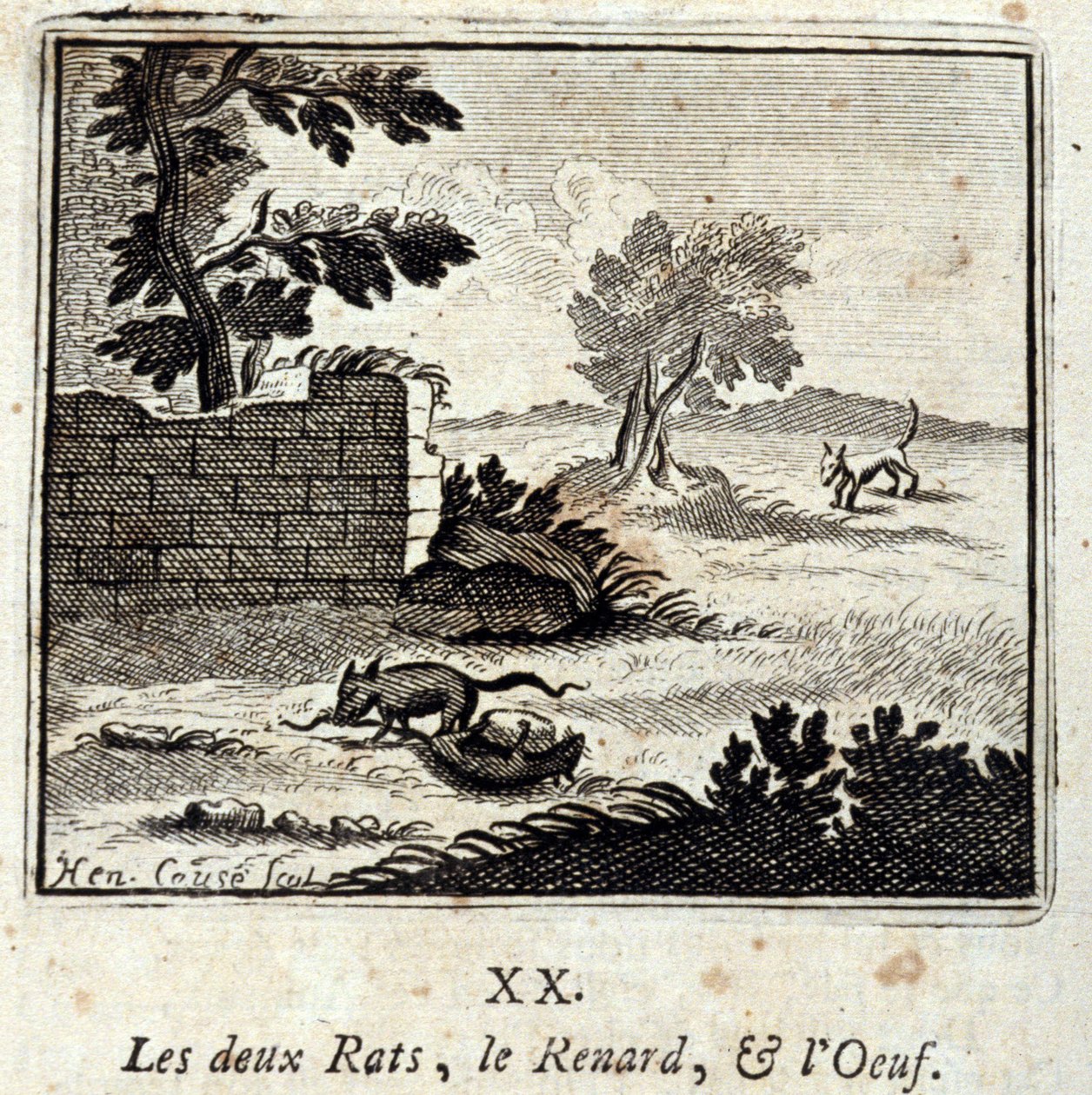 Die zwei Ratten, der Fuchs und das Ei. Fabeln von Jean de La Fontaine. Illustration von François Chauveau. Ausgabe von 1728. von Francois Chauveau