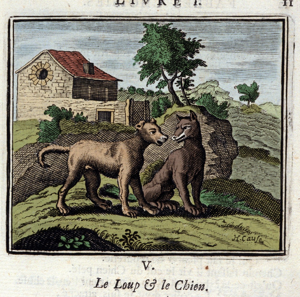 Der Wolf und der Hund. Fabeln von Jean de La Fontaine (1621-1695). Illustration von François Chauveau (1613-1676). Ausgabe von 1728 von Francois Chauveau