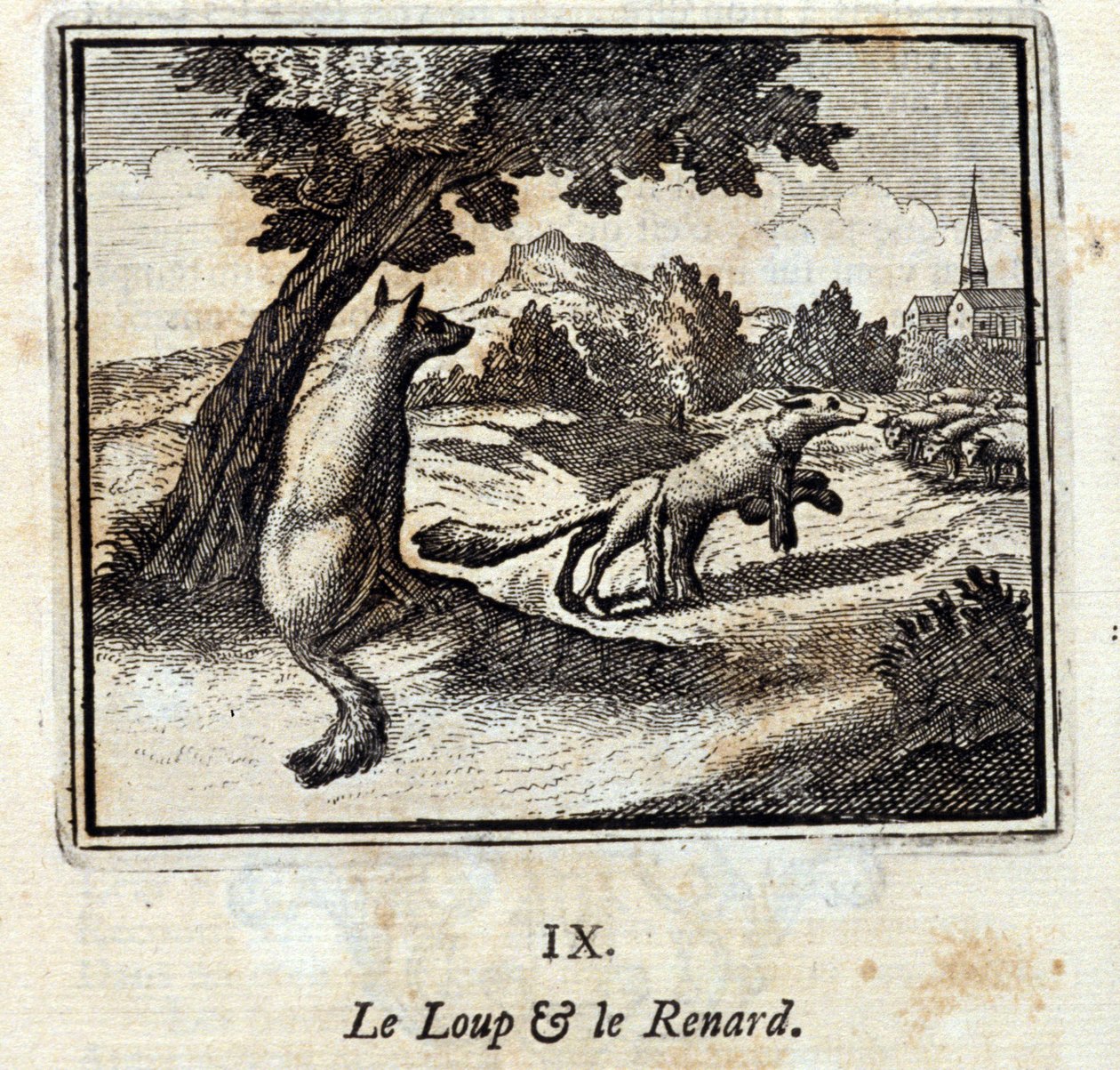 Der Wolf und der Fuchs. Fabeln von Jean de La Fontaine. Illustration von François Chauveau. Ausgabe von 1728. von Francois Chauveau