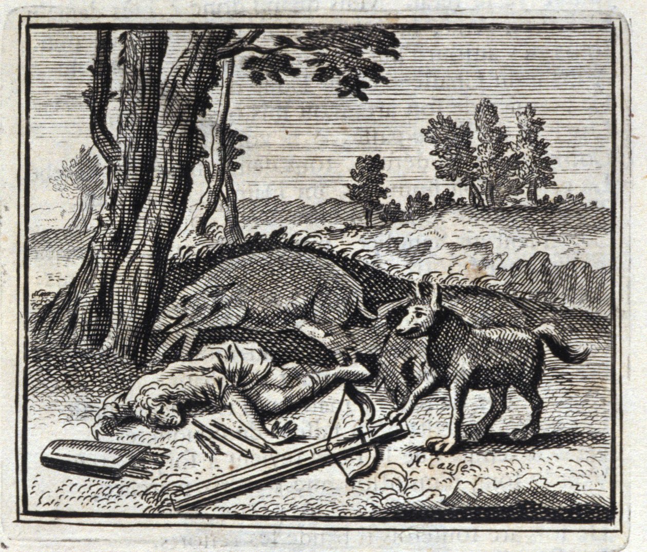 Der Wolf und der Jäger. Fabeln von Jean de La Fontaine. Illustration von François Chauveau. Ausgabe von 1728. von Francois Chauveau