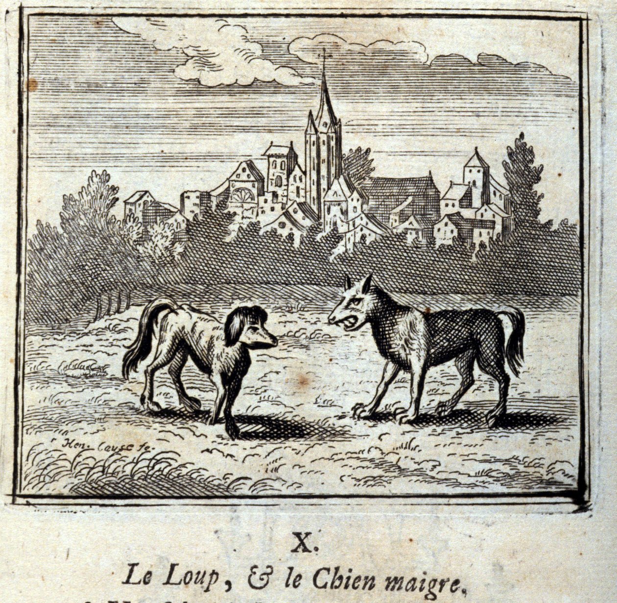 Der Wolf und der magere Hund. Fabeln von Jean de La Fontaine. Illustration von François Chauveau. Ausgabe von 1728. von Francois Chauveau