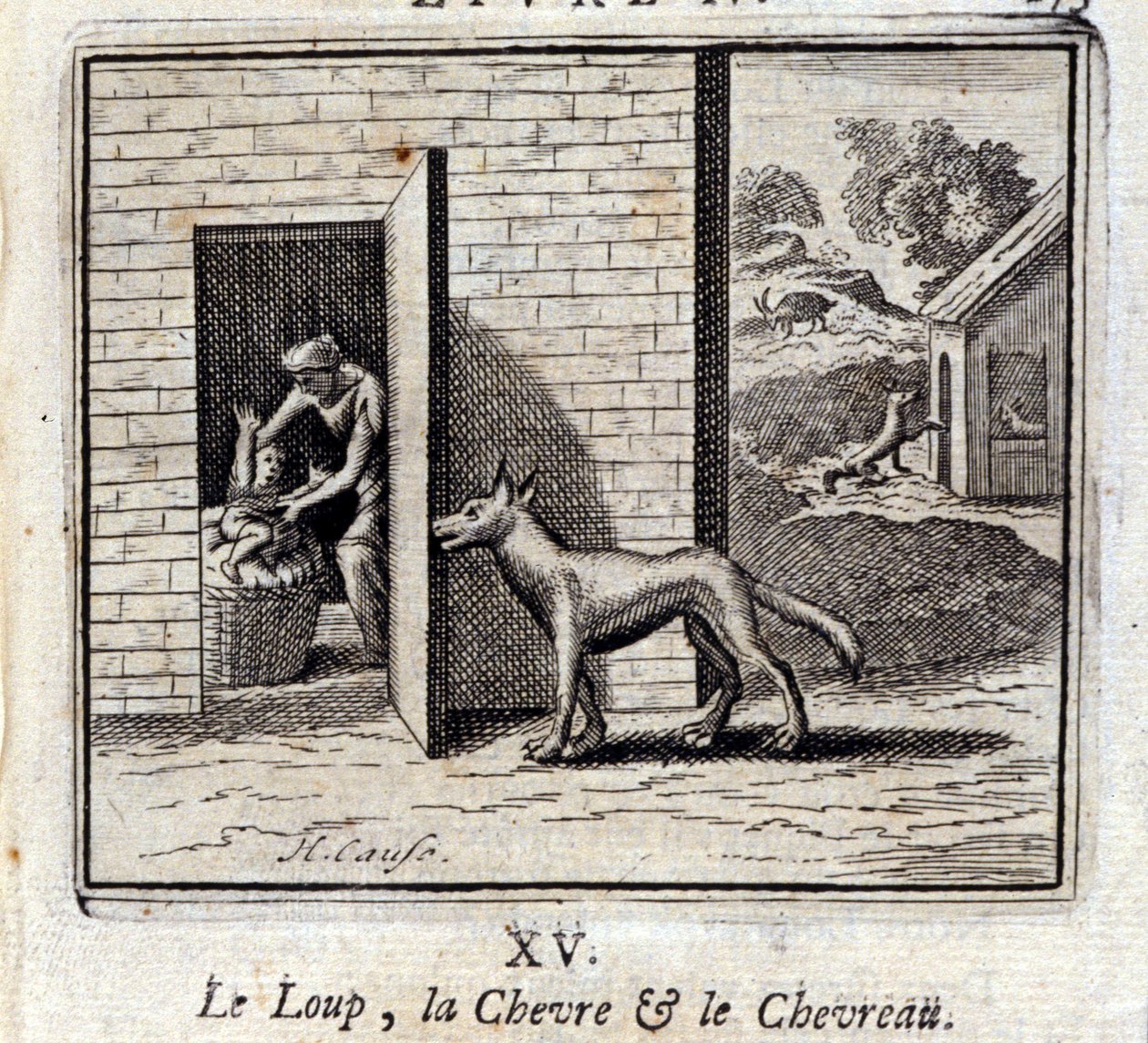 Der Wolf, die Ziege und das Zicklein. Fabeln von Jean de La Fontaine. Illustration von François Chauveau. Ausgabe von 1728. von Francois Chauveau