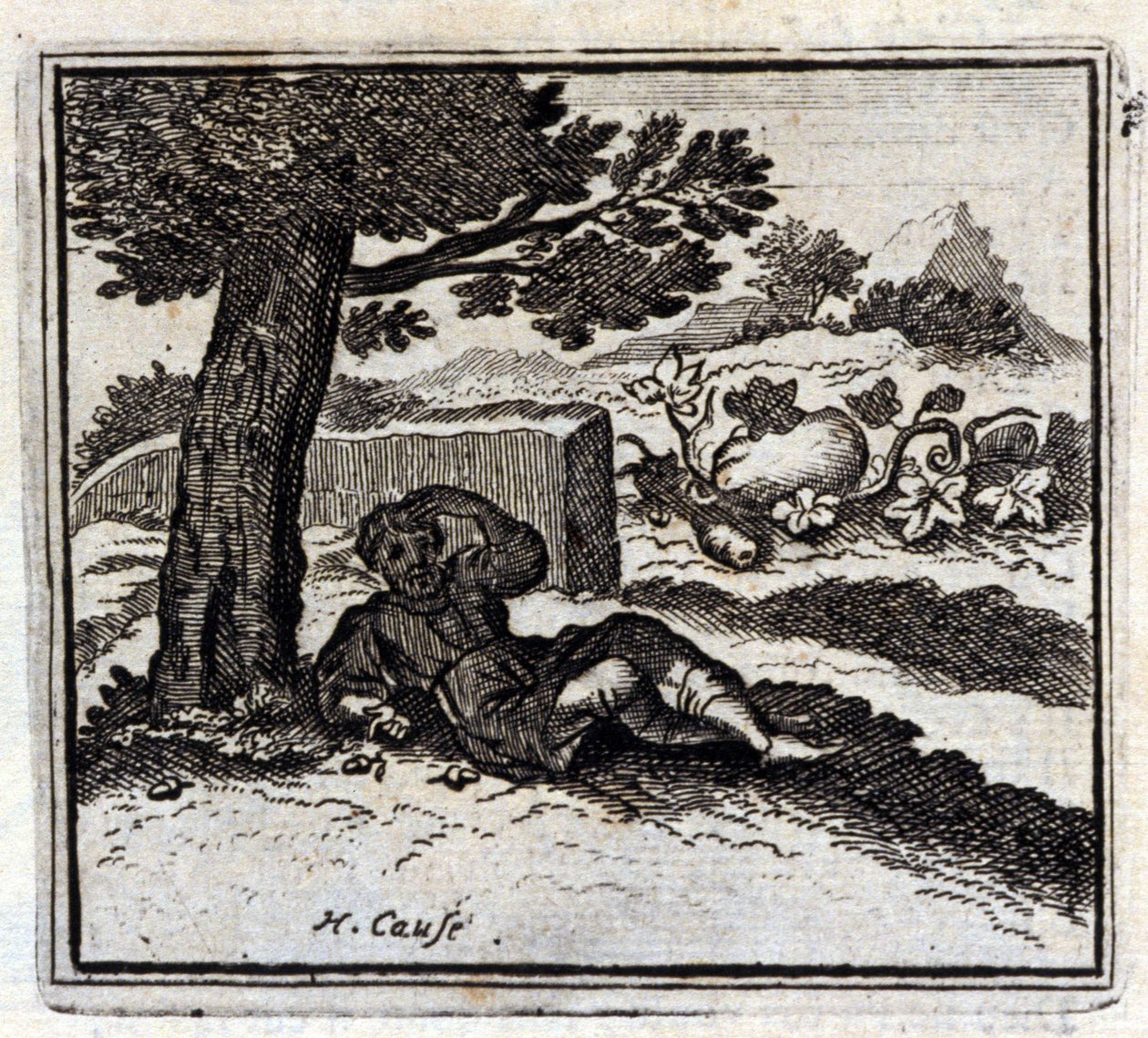 Die Eichel und der Kürbis. Fabeln von Jean de La Fontaine. Illustration von François Chauveau. Ausgabe von 1728. von Francois Chauveau