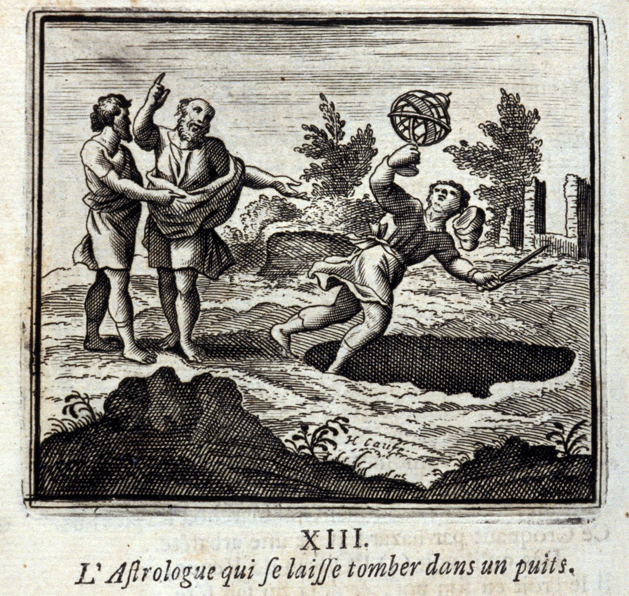 Der Astrologe, der in einen Brunnen fällt. Fabeln von Jean de La Fontaine. Illustration von François Chauveau. Ausgabe von 1728. von Francois Chauveau