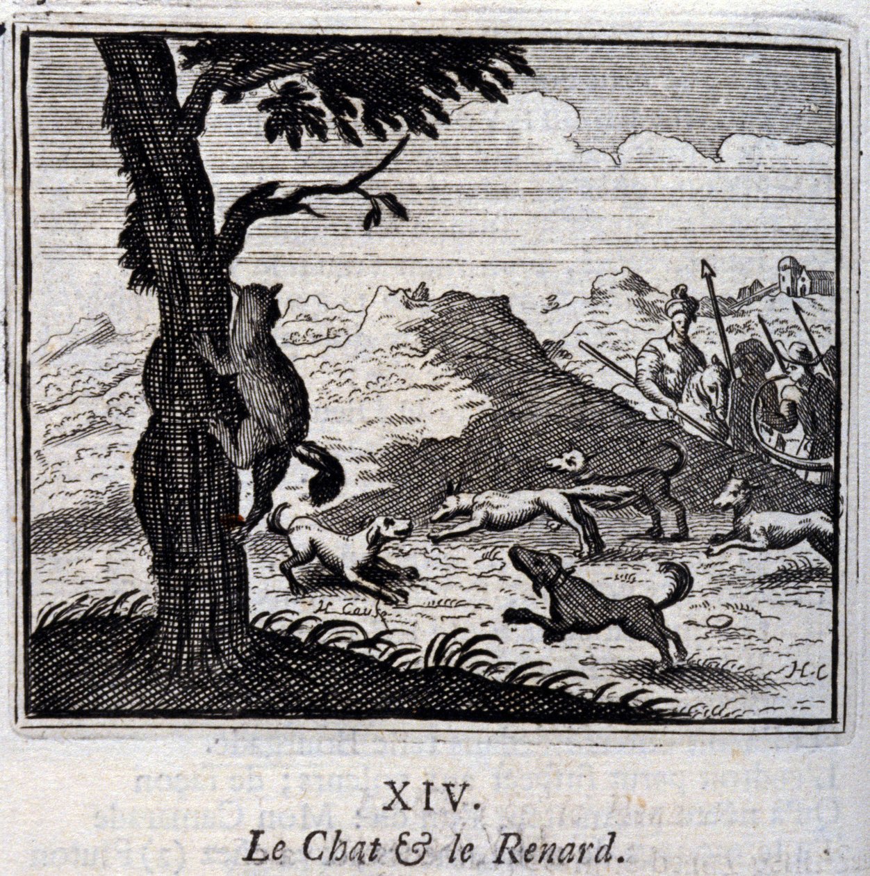 Die Katze und der Fuchs. Fabeln von Jean de La Fontaine. Illustration von François Chauveau. Ausgabe von 1728. von Francois Chauveau