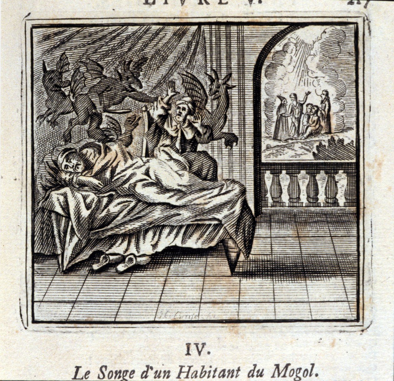 Der Traum eines Mogul-Bewohners. Fabeln von Jean de La Fontaine. Illustration von François Chauveau. Ausgabe von 1728. von Francois Chauveau
